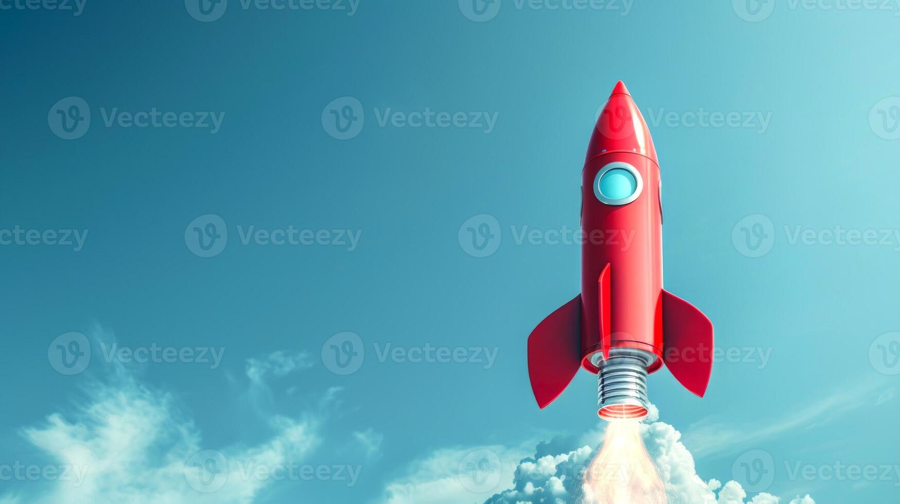 Red Rocket Launching into Sky with Clouds in Background. Symbol of Innovation, Exploration, and Adventure photo