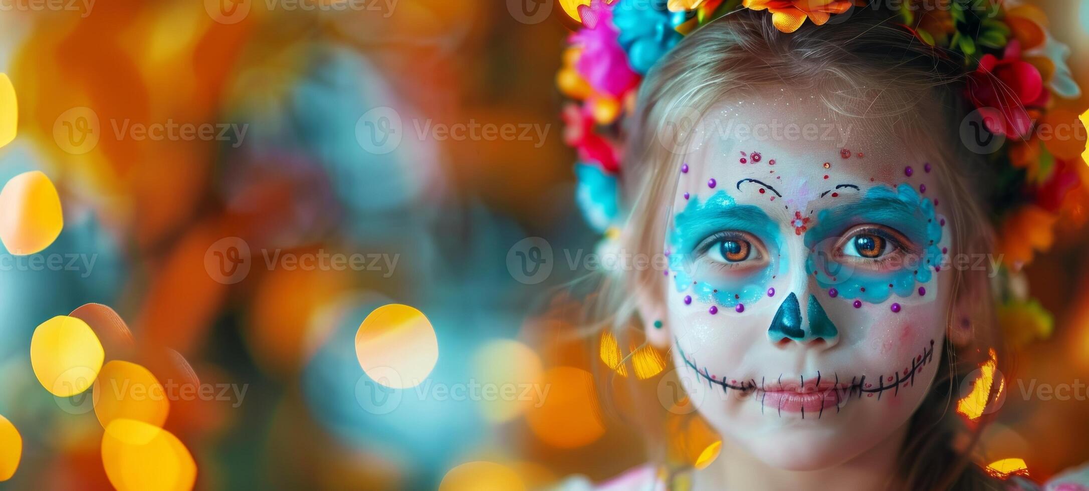 Girl with festive sugar skull face paint on bokeh background. Child with artistic Dia de los Muertos makeup. Concept of Mexican culture, Halloween celebration, and vibrant tradition. Space for text photo