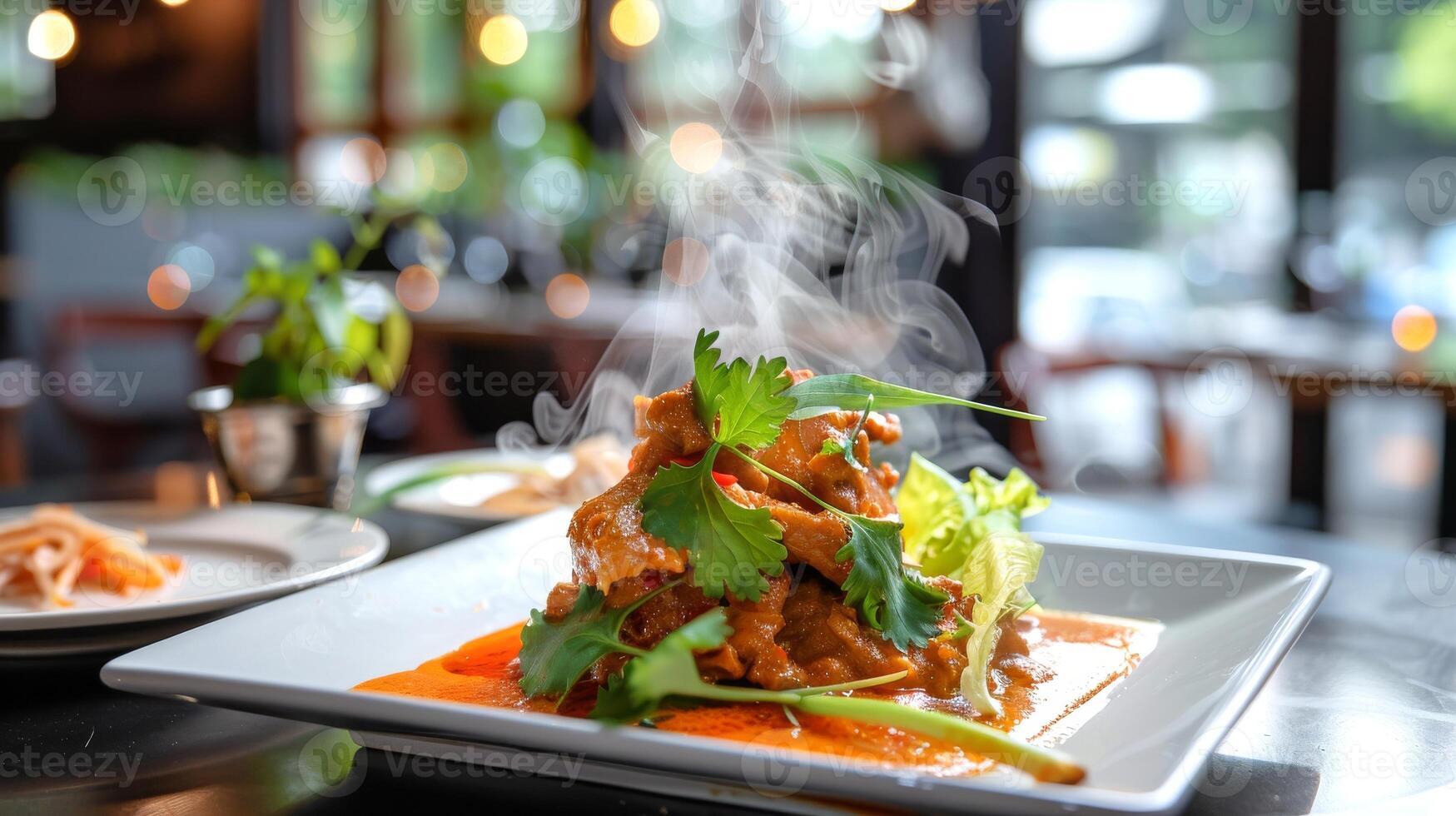 Thai red curry with duck served in a bowl, garnished with basil and bell peppers. Spicy national Thai dish. Concept of Asian cuisine, culinary, traditional recipes photo