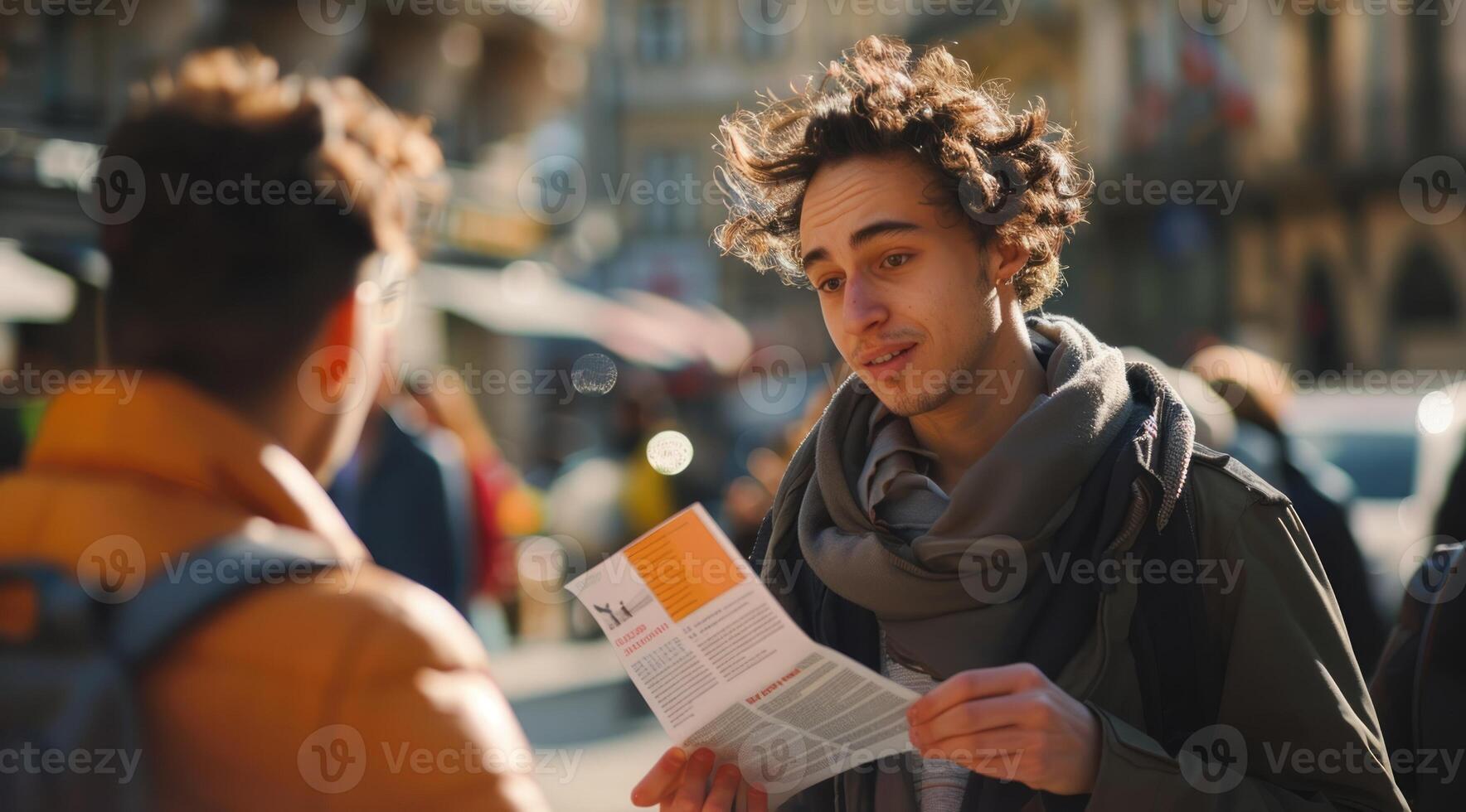 Man handing an advertising flyer to another in a busy urban setting. Exchange of promotional material on a city street. Concept of direct marketing, street promotion, and urban interaction. photo