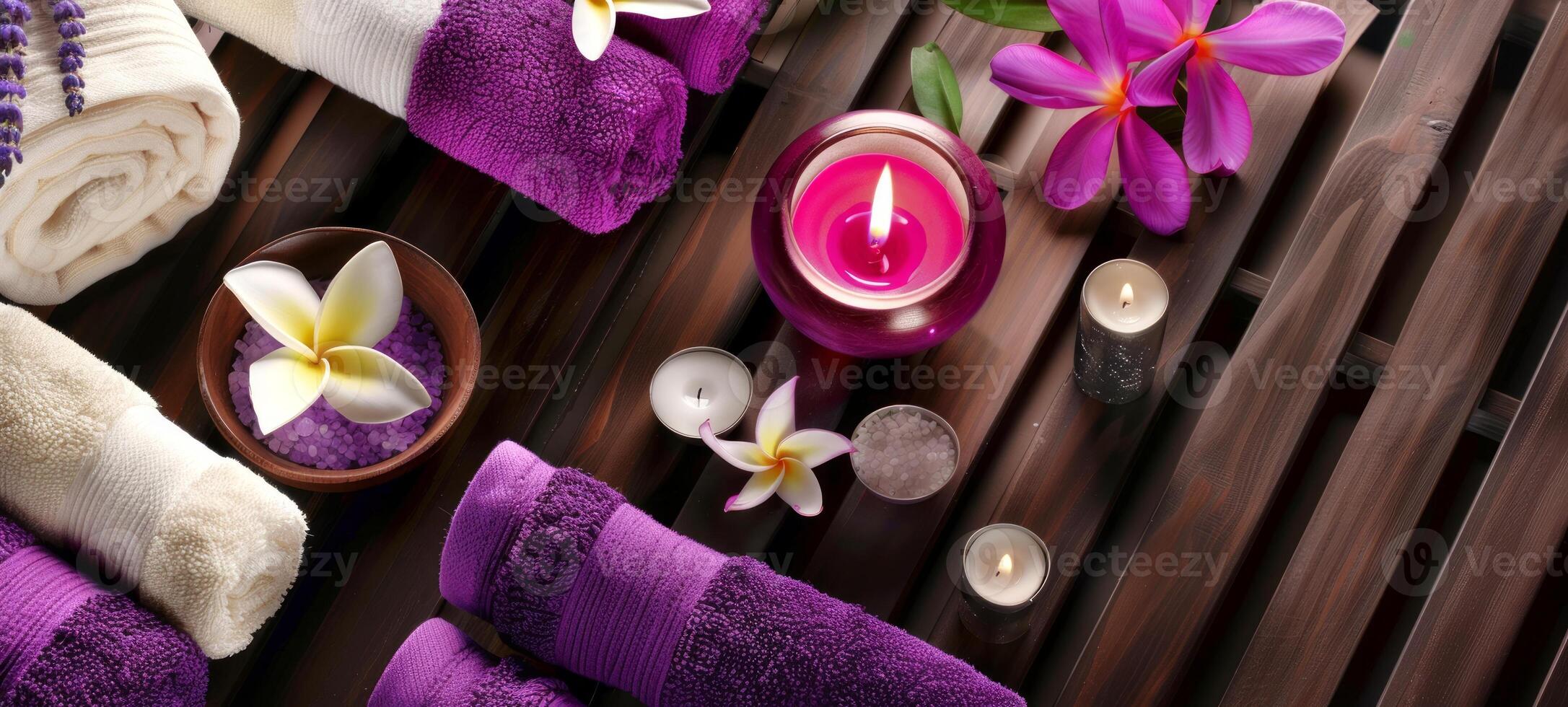 Luxurious spa setting with purple accents and floating candles. Spa arrangement with flowers and woven decorations. Concept of relaxation, luxury, and aesthetic spa environment. Copy space photo