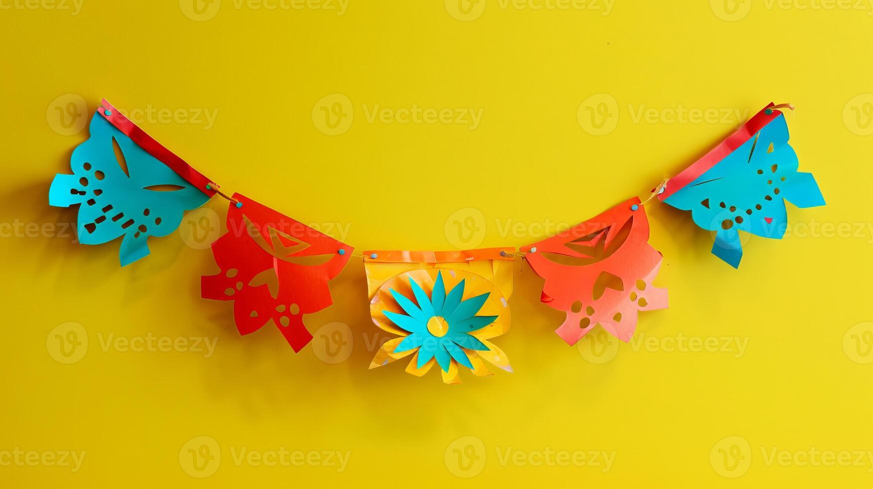 Vibrant Paper Banners with Festive Designs on a Yellow Background. Concept of Celebration, Festivity, Decorative Art, Colorfulness, papel picado photo