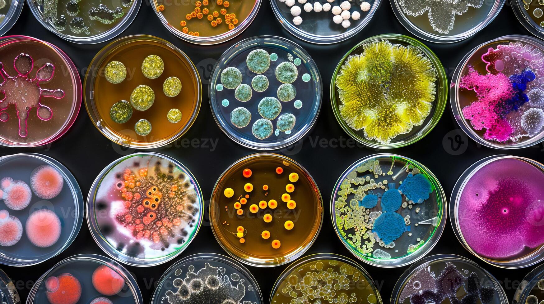 A diverse array of colorful bacteria cultures in Petri dishes. Microbial samples in various forms. Concept of microbiology, laboratory research, scientific studies, biological diversity photo