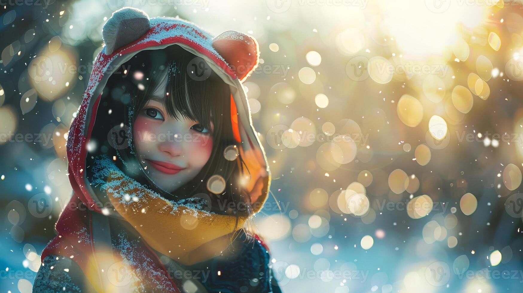 Asian girl wearing a cute hooded jacket in a snowy landscape. Concept of winter fashion, childhood happiness, ethnic diversity, and seasonal nature photo
