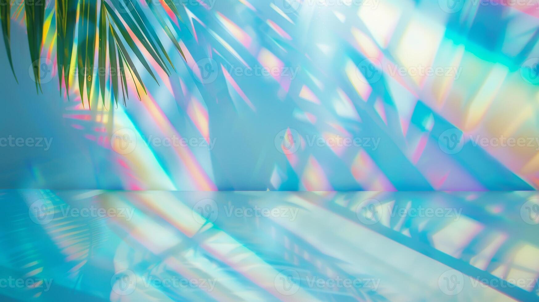 Iridescent palm leaf with vivid spectrum of colors casting intricate shadows on colorful wall. Concept of nature, light effects. Bright wallpaper. Mockup for design. Copy space photo