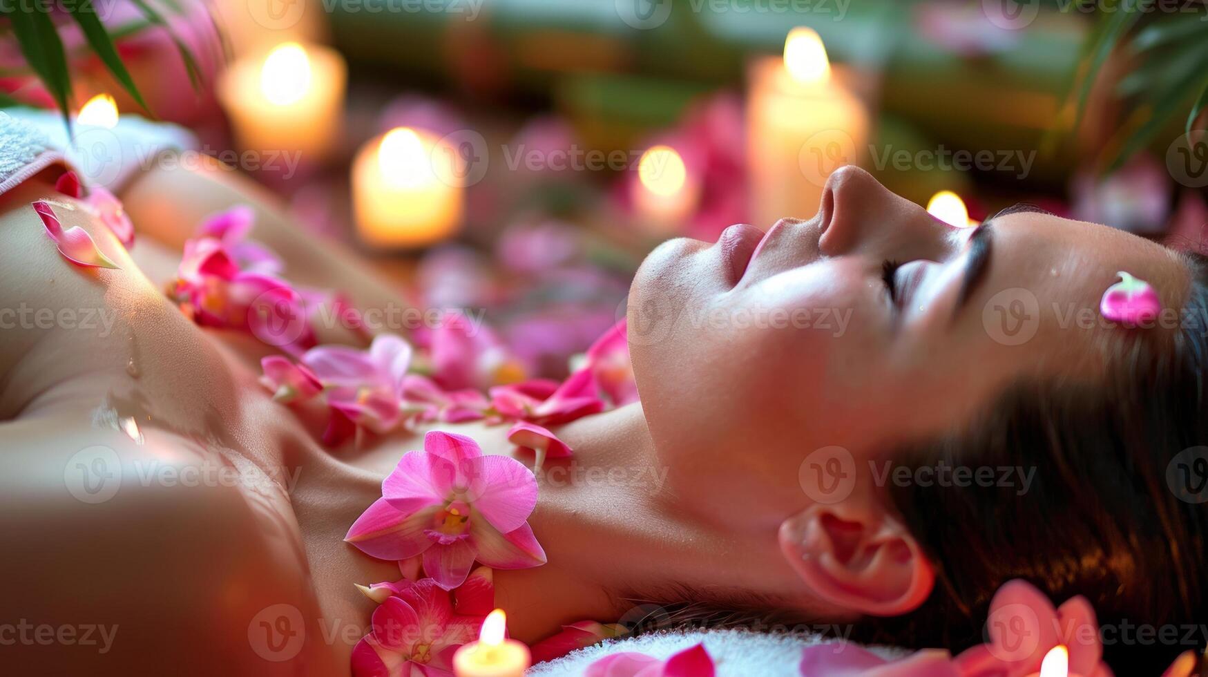 Woman enjoying a luxury Thai spa treatment with pink orchid petals and candles. Relaxing spa day for a female. Concept of wellness, beauty treatment, relaxation, and luxury spa experience. photo