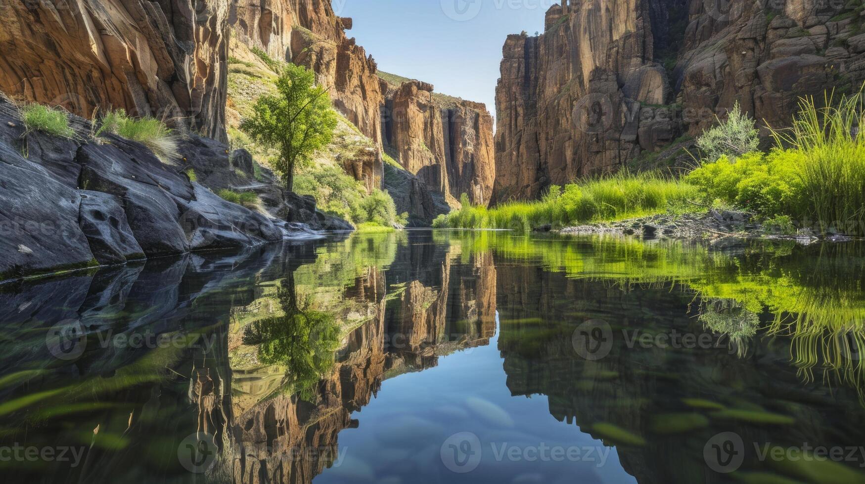 Serene canyon mirrored in a tranquil river with lush greenery. Calm gorge reflected in clear water with vibrant plants. Concept of natural beauty, tranquility, outdoor scenery, and reflection photo