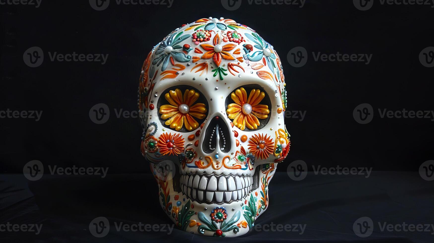 Colorful sugar skull with floral patterns isolated on dark backdrop. Vibrant calavera with flower designs. Concept of Day of the Dead, Mexican culture, traditional crafts, Halloween photo