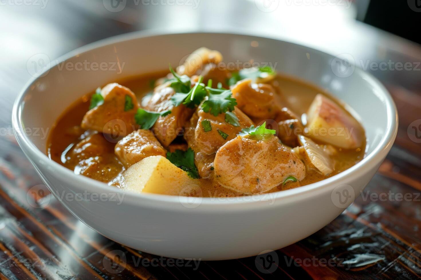 Massaman curry with potatoes and chicken, garnished with cilantro. Rich Thai curry served on plate. Concept of Thai cuisine, flavorful dishes, comfort food, Asian culinary photo
