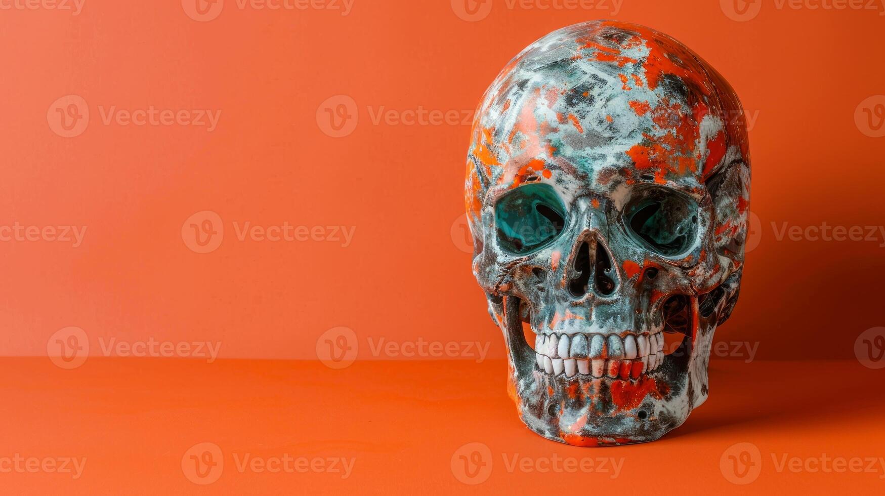 Vividly Painted Skull on an Orange Background. Concept of Halloween Decor, Day of the Dead, Artwork Skull Design. Copy space photo