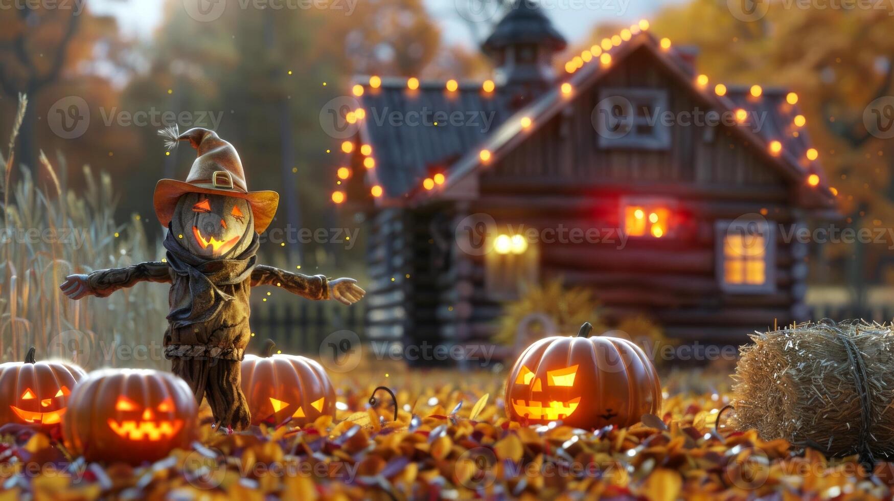 Halloween scarecrow in a pumpkin patch with a wooden house in the background. Concept of autumn decorations, spooky, fall season, Halloween holiday, rustic charm photo