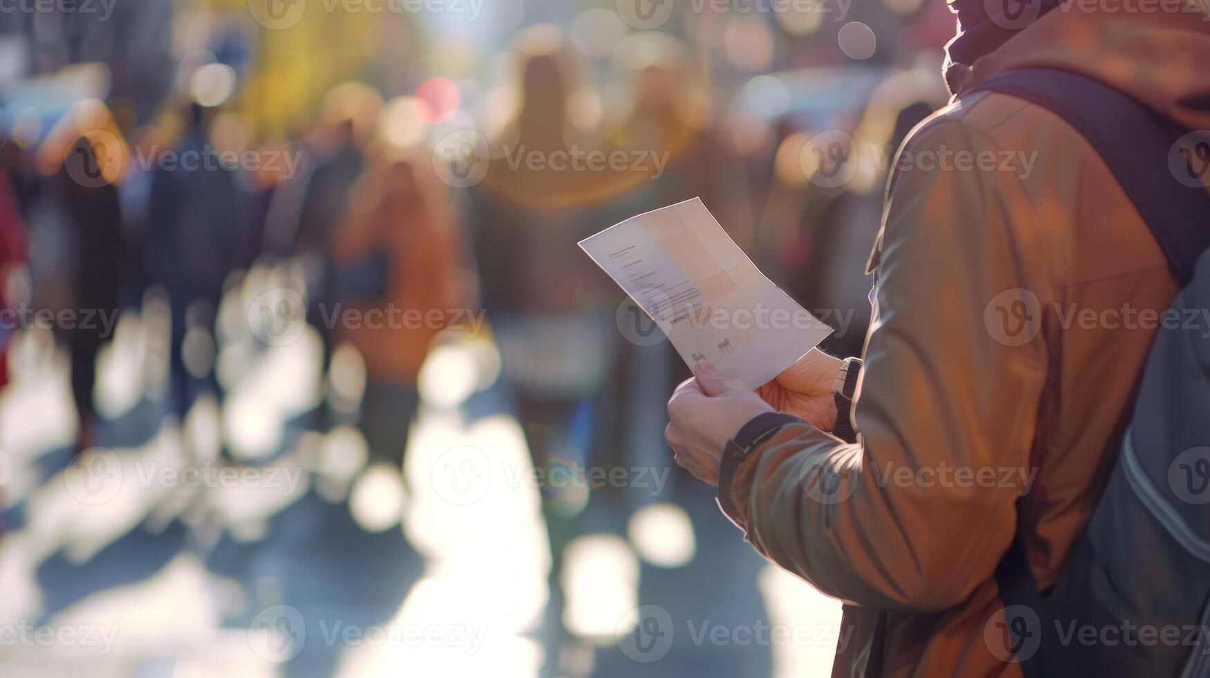 Man engaging with city pedestrians, distributing flyers. Volunteer in urban setting handing out information. Concept of community outreach, urban interaction, promotional activity photo