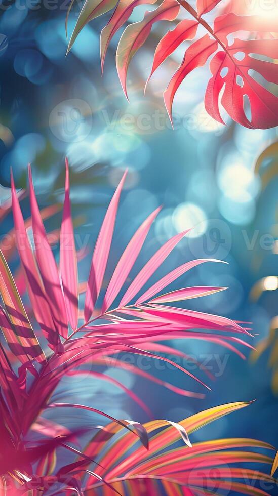 Bright summer tropical botanical background with colorful palm leaves and bokeh effects. Trendy modern wallpaper with vibrant colors. Copy space. Mockup for design. Vertical format photo