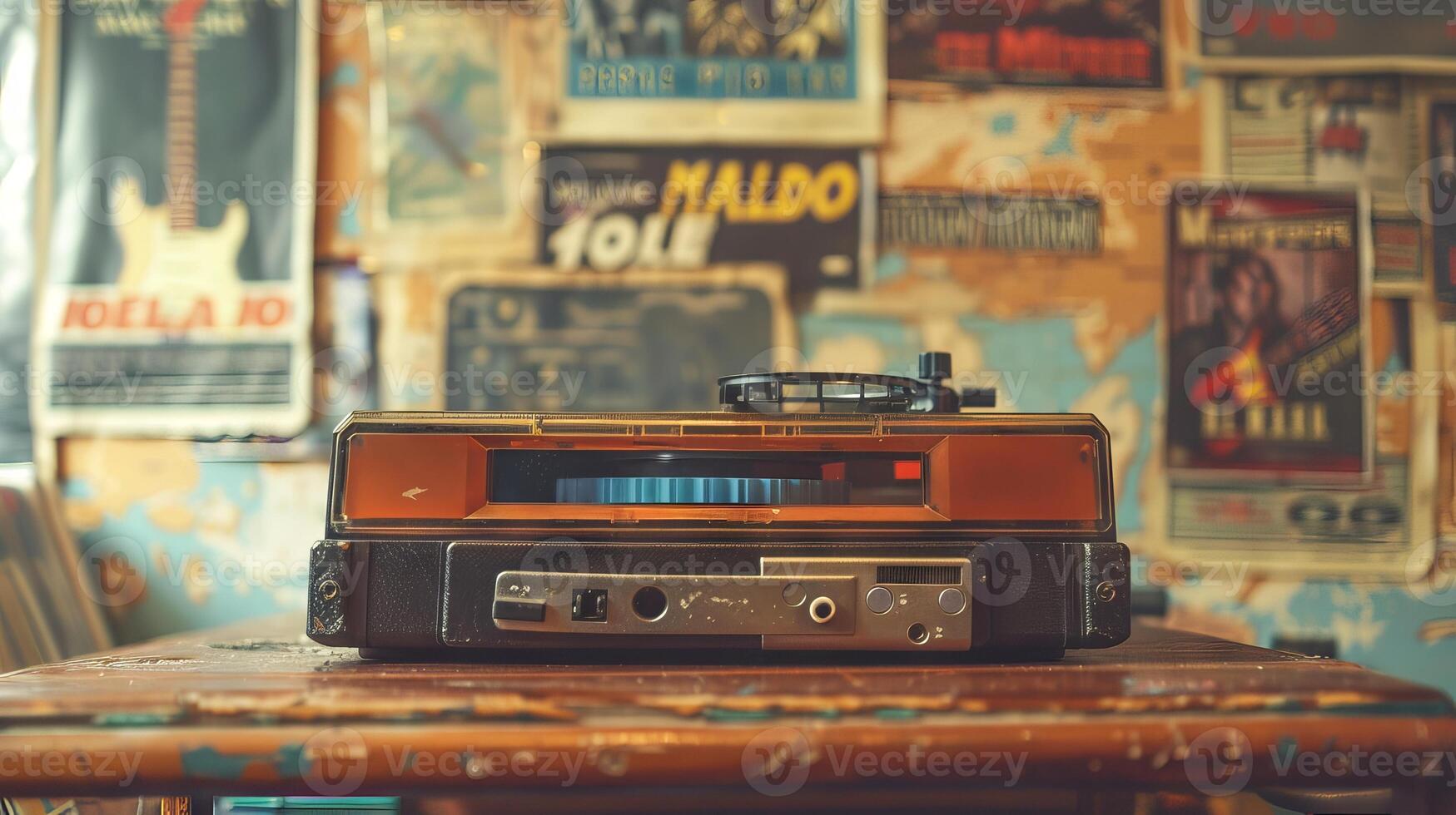 Vintage Radio on Table Amid Retro Music Posters and Decor. Concept of retro cassette tape player, music memorabilia, historical soundtracks, and cultural nostalgia photo
