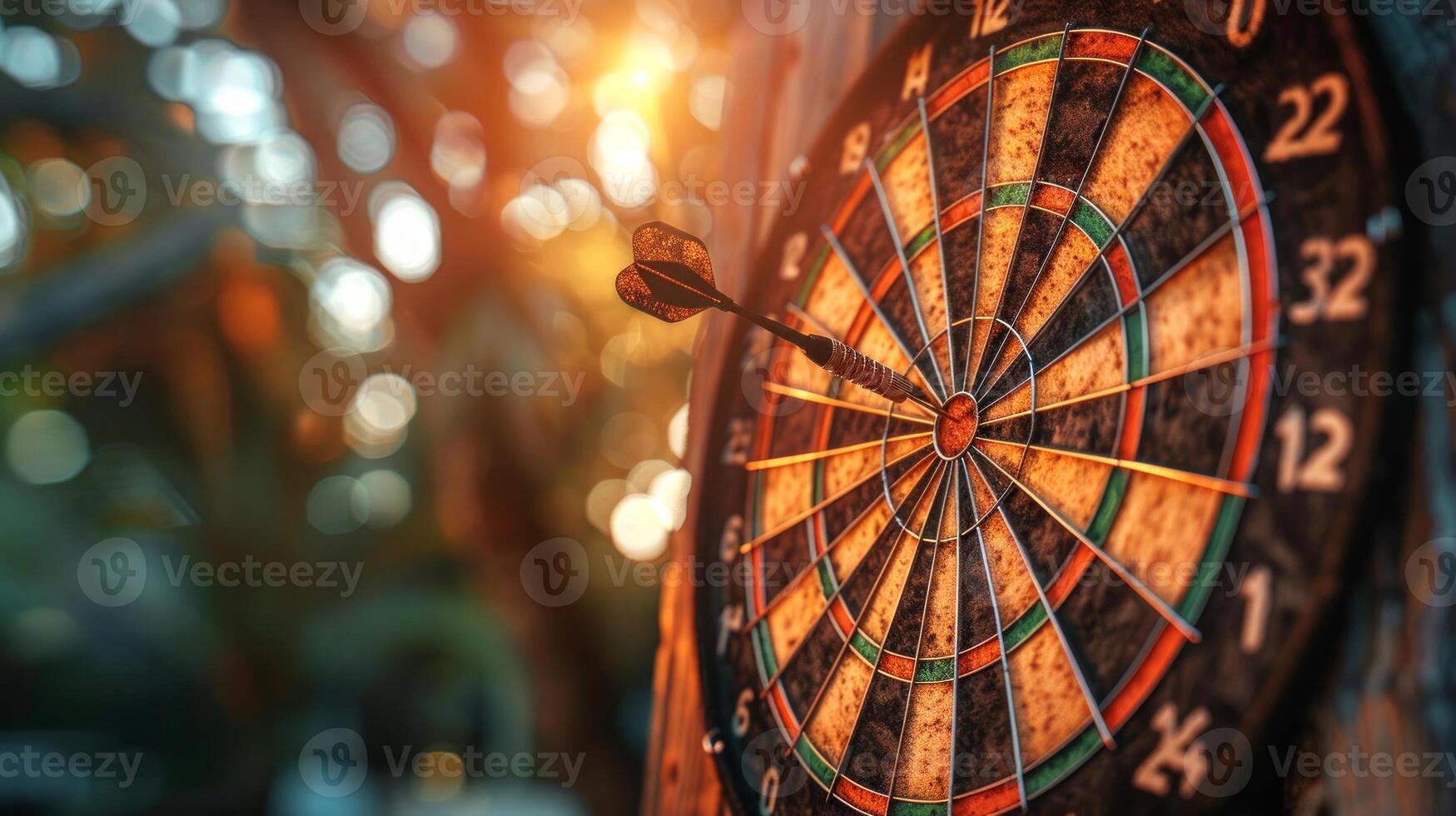 Close-up image of a dartboard with a dart hitting the bullseye. Concept of accuracy, precision, goal achievement, target focus photo