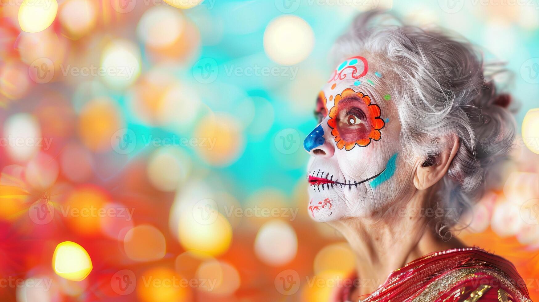 Elderly woman with colorful Day of the Dead makeup. Senior lady with Dia de los Muertos face paint. Concept of cultural heritage, festive celebration, traditional costume, Halloween. Copy space photo