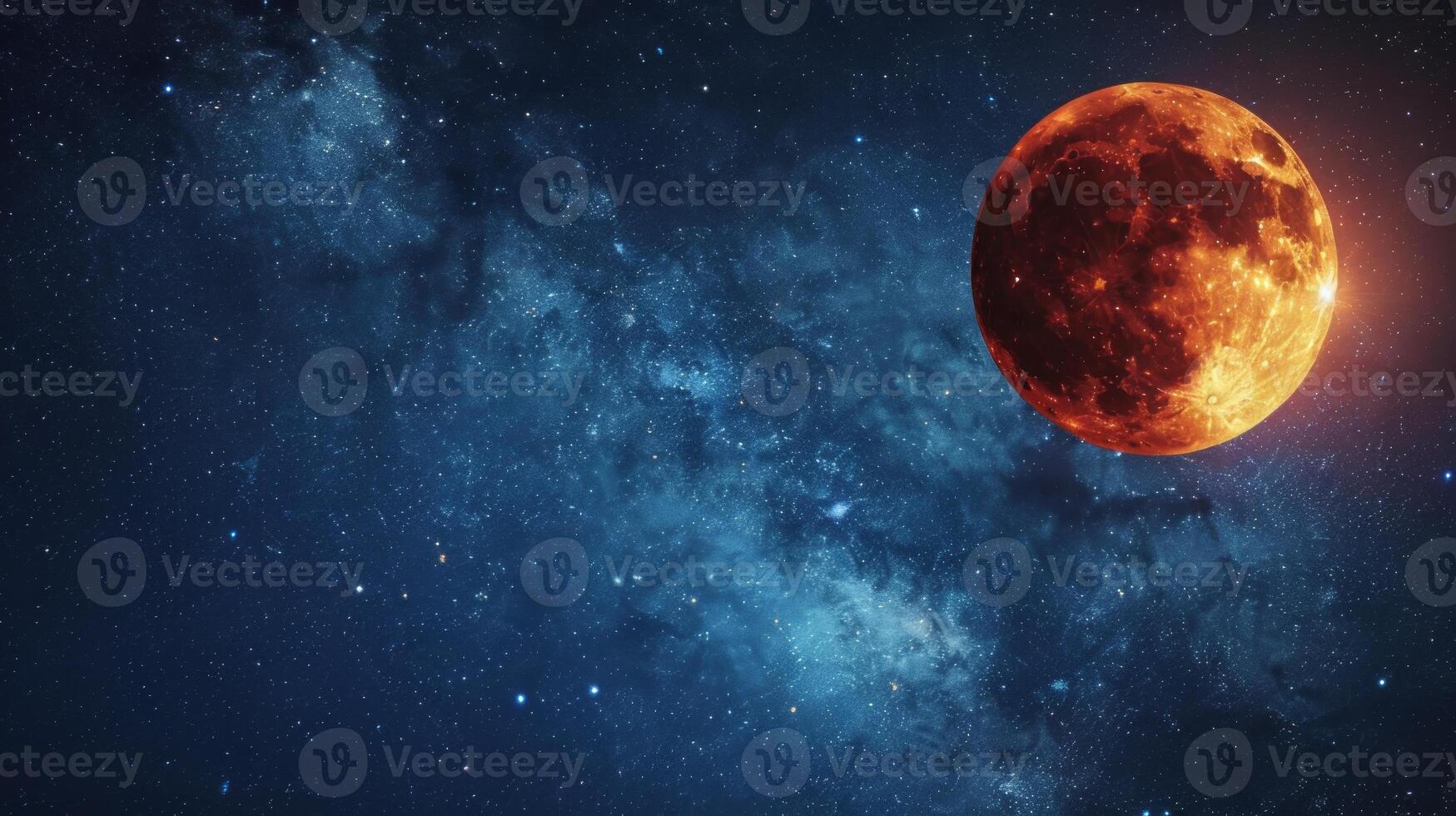 Red moon glowing in a starry sky. Crimson lunar surface amidst stars. Concept of space, astronomy, celestial phenomena, beauty. Copy space photo