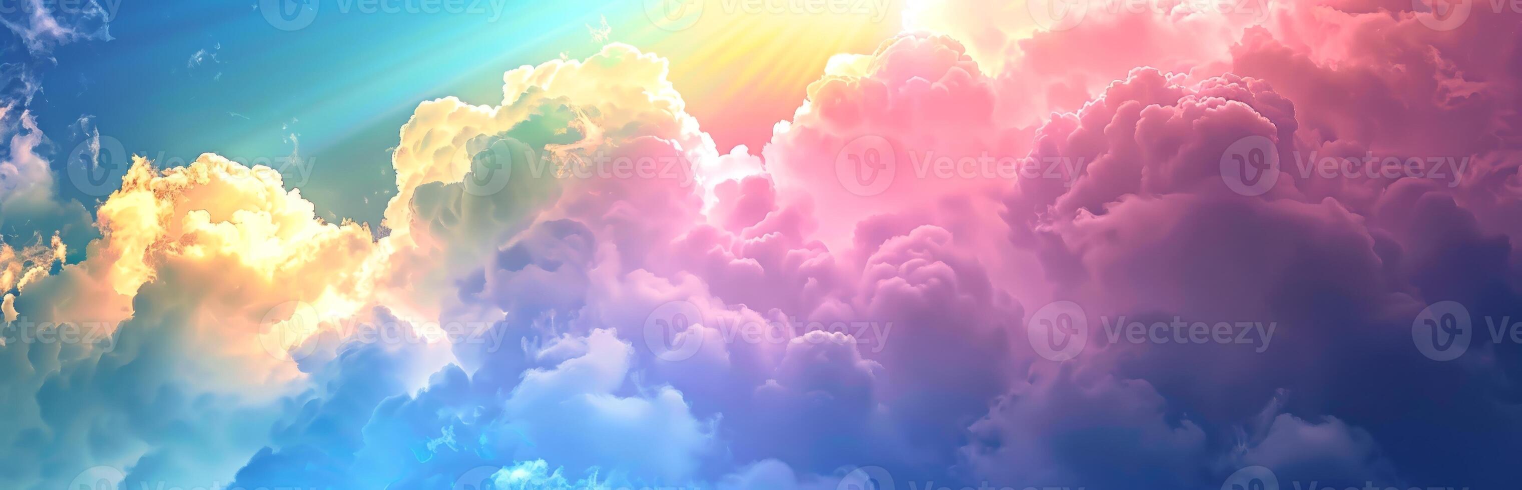 Vibrant clouds in sunset sky with pink and blue hues. Nature beauty, serene atmosphere, calmness concept. Rainbow clouds. Beautiful sky background. Heaven. Colorful Cloudscape. Copy Space photo