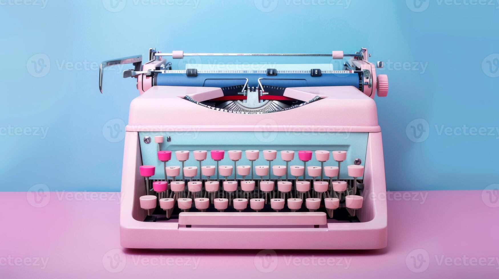 Retro pink typewriter. Vintage typing machine. Concept of writing, nostalgia, and old-fashioned technology photo