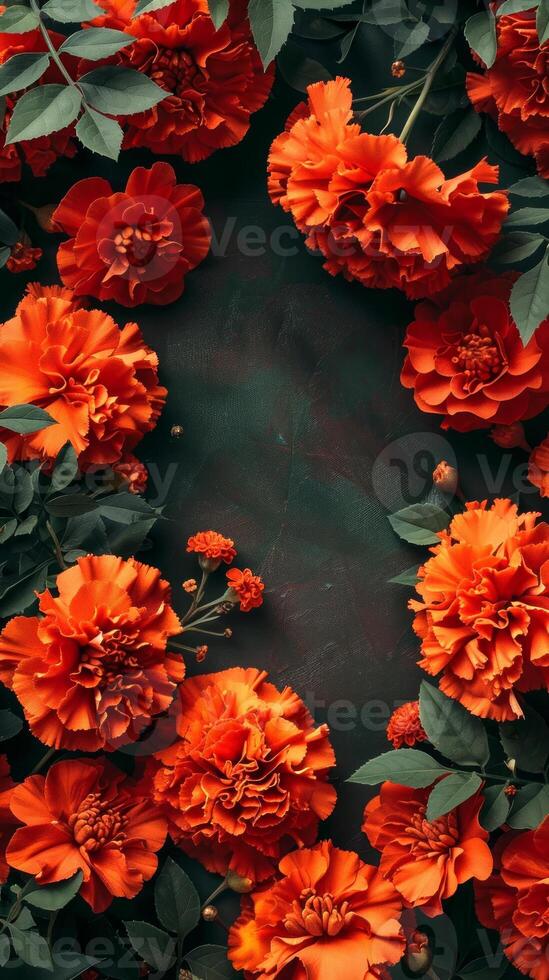 Orange marigolds flowers arranged on dark background. Copy space. Concept of floral arrangement, nature beauty, botanical design. Day of the Dead, Dia de los Muertos. Greeting card. Vertical photo