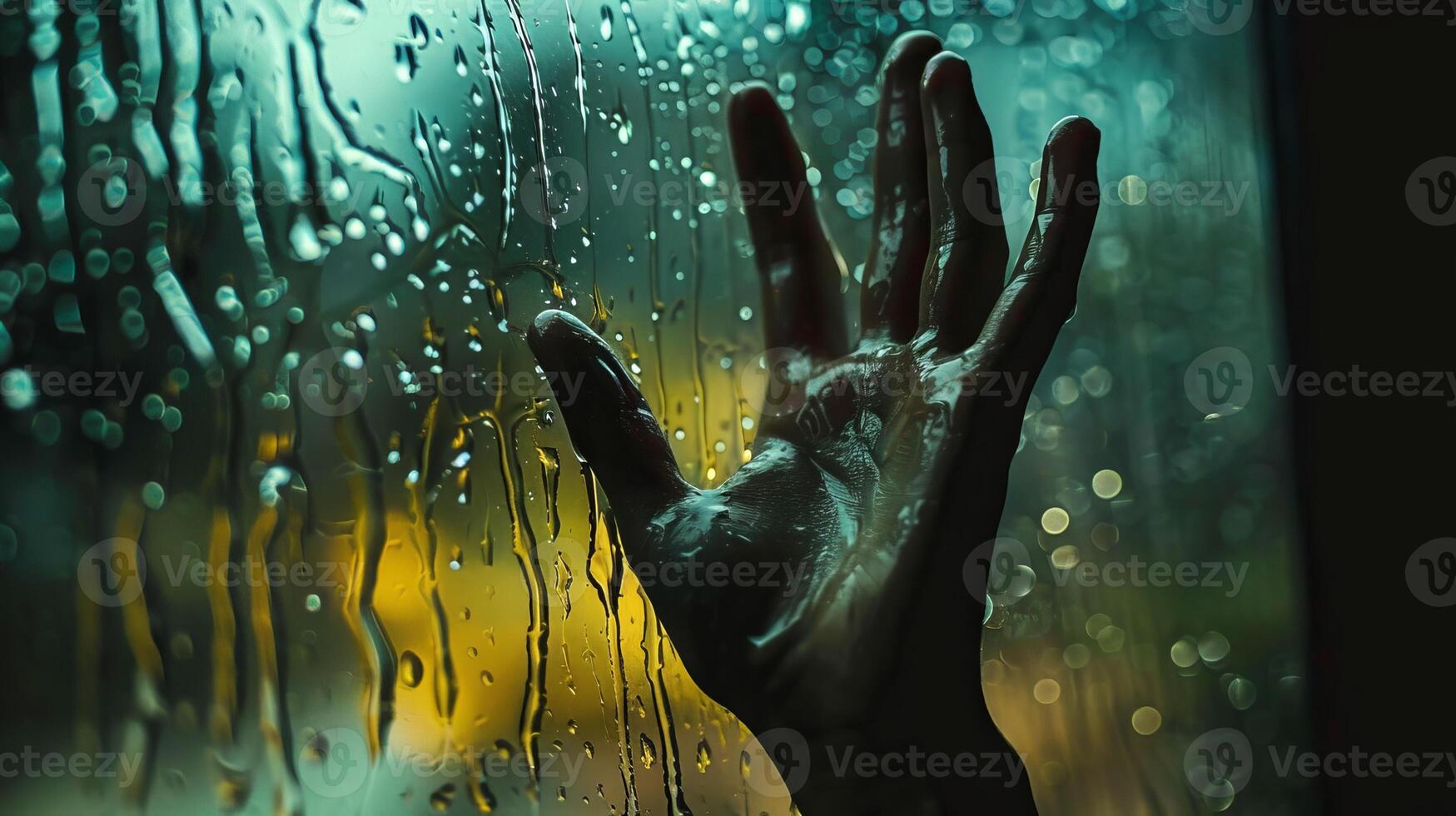 Hand pressed against a wet window during rain. Reflection and raindrops. Concept of melancholy, reflection, solitude, weather photo