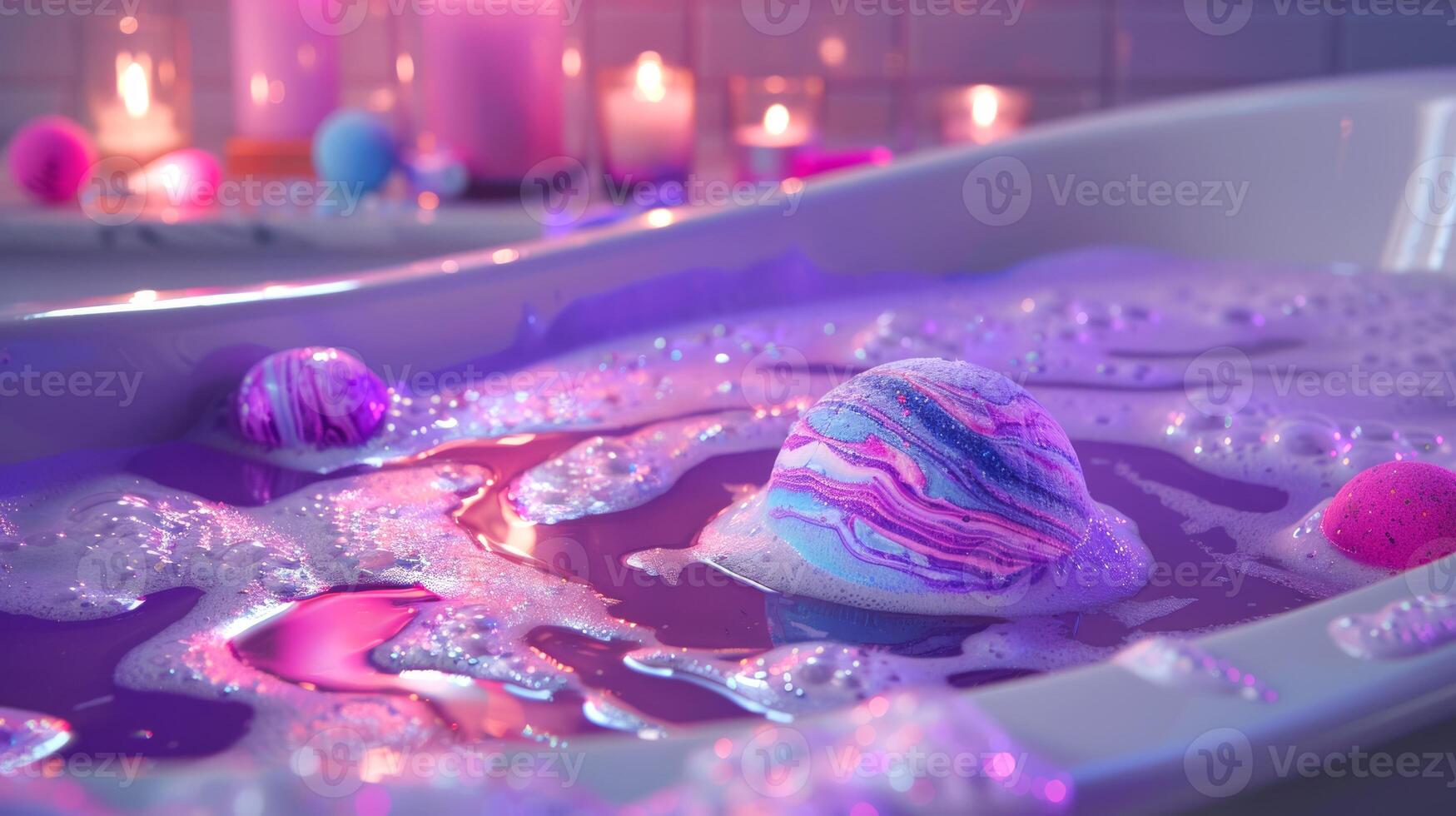 Purple bath bomb dissolving in a bathtub with soft candle lighting. Fizzy bath bomb creating a luxurious bath experience. Concept of indulgence and relaxation in a spa setting. photo
