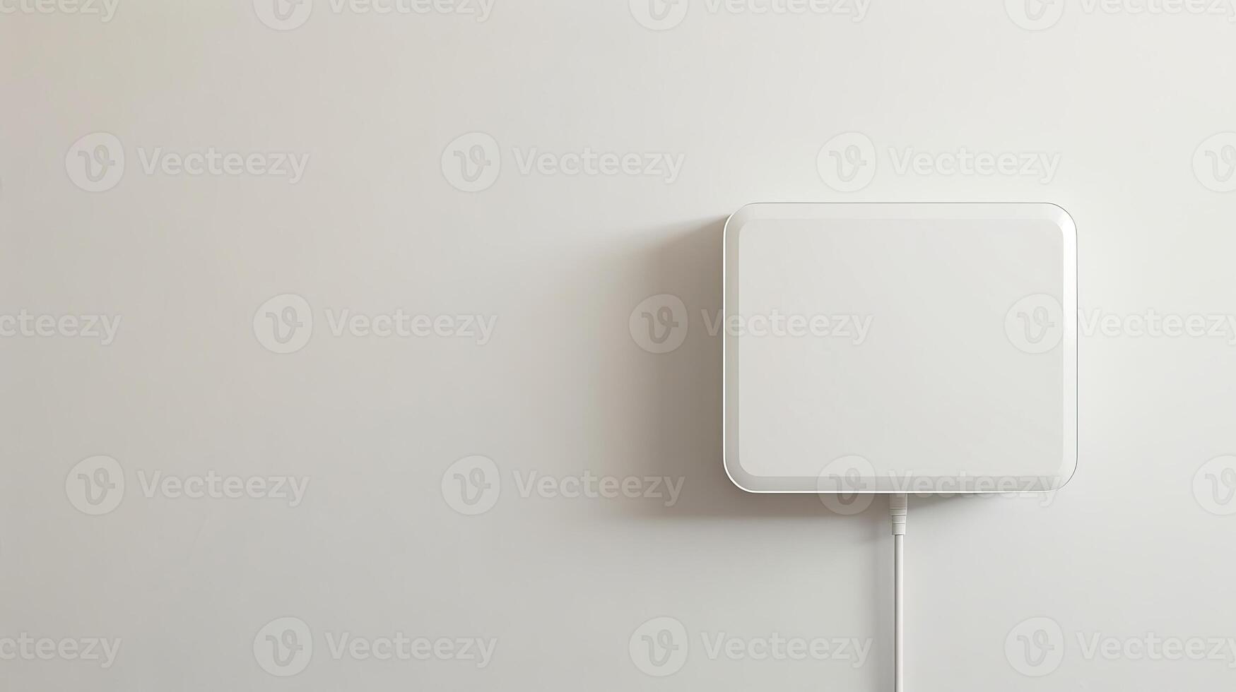 Minimalistic white Wi-Fi router against a plain white wall. Concept of modern technology, wireless internet, connectivity, sleek design. Copy space photo