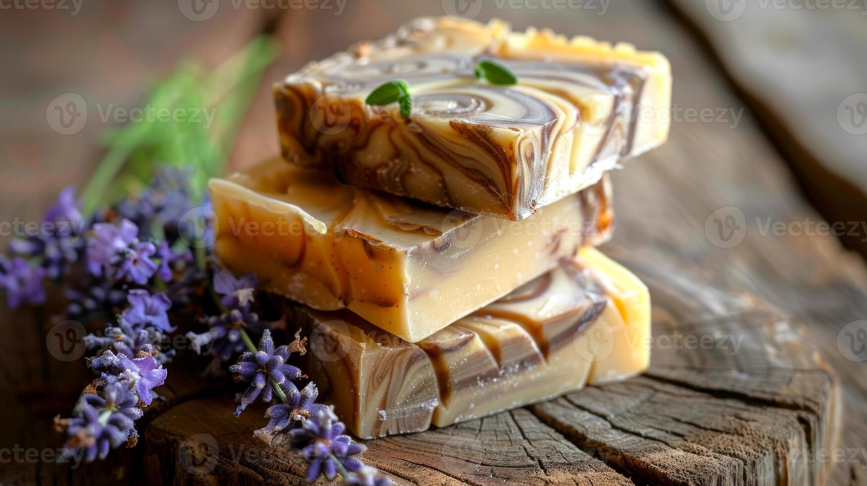 Stacked lavender soap bars accompanied by lavender flowers, set against a sparkling light backdrop. Aromatic herbal soap. Concept of soothing skincare, natural wellness, and fragrant bath products. photo