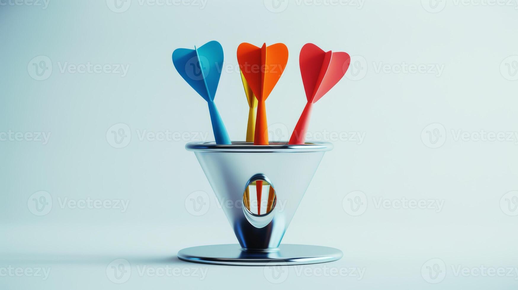 Colorful darts in a modern metal holder on a light background. Concept of dart sports, target practice, precision games, contemporary design photo