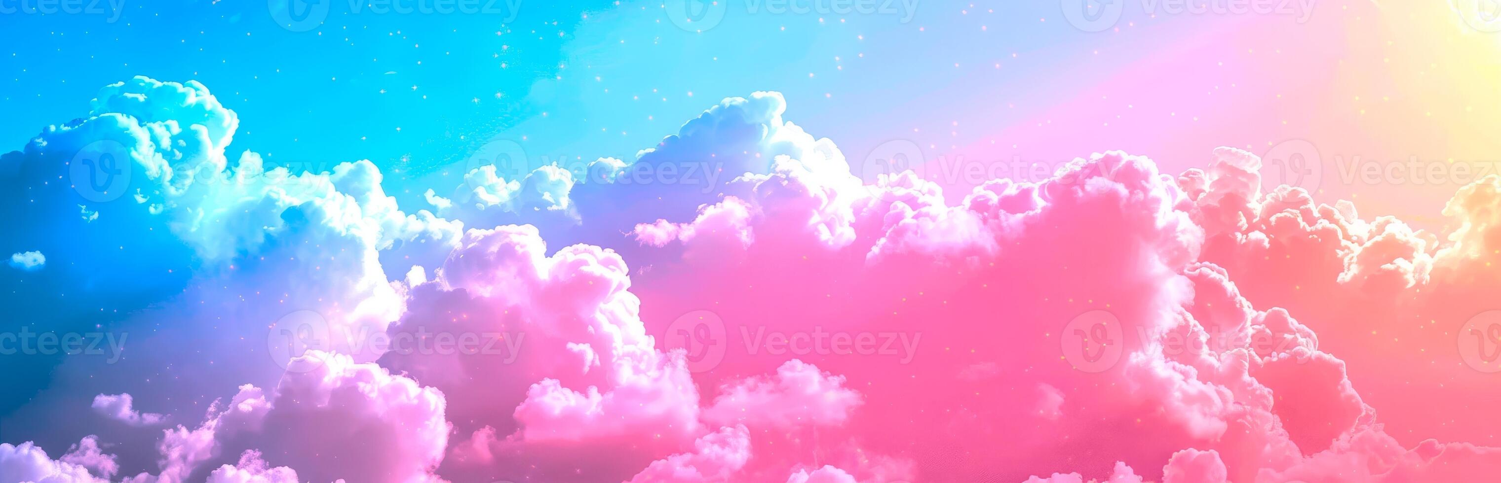 Colorful sky with pink and blue clouds. Dreamlike atmosphere. Vibrant Heaven. Concept of imagination, fantasy, serene mood, blended hues. Banner. Copy space. Abstract beautiful sky background photo