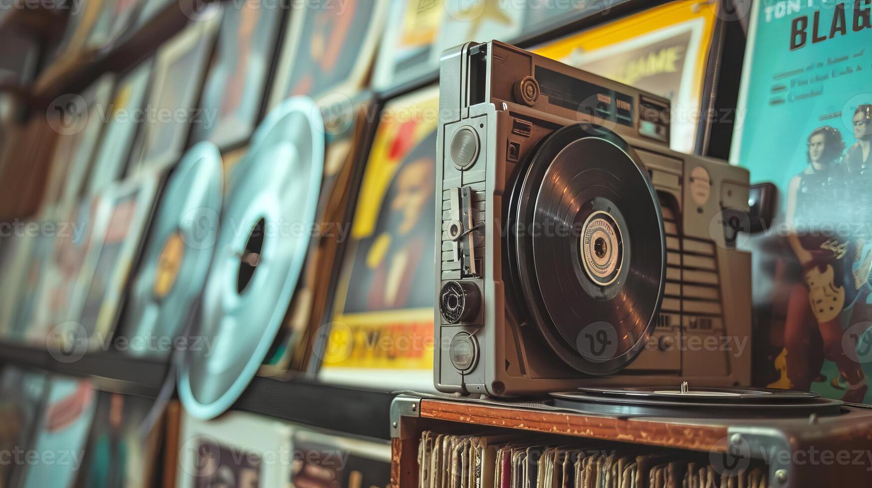 Retro Music Player in Vintage Record Store with Classic Albums. Concept of retro cassette tape player, music memorabilia, historical soundtracks, and cultural nostalgia photo