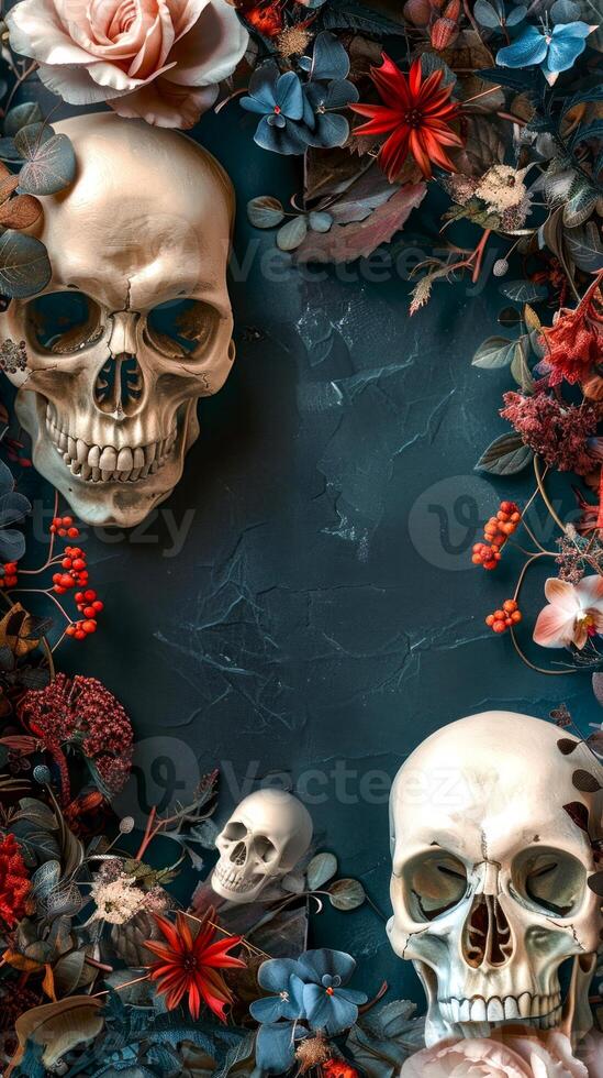 Skull and floral arrangement for Halloween decor. Skeleton heads surrounded by flowers. Concept of spooky celebration, autumn decoration, gothic art, design, Day of the Dead. Copy space. Vertical photo