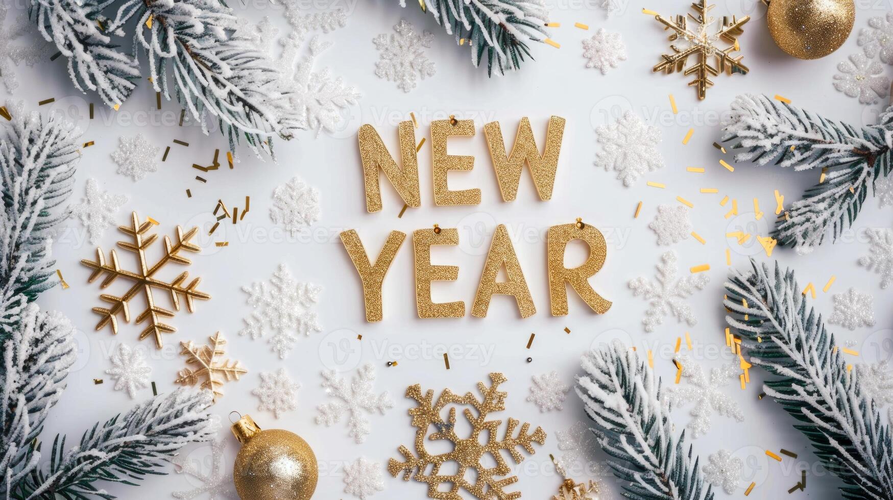 Glittery gold New Year text with snowflakes and evergreen branches. Concept of festive holiday, winter celebration, seasonal decoration, and Christmas ornament photo