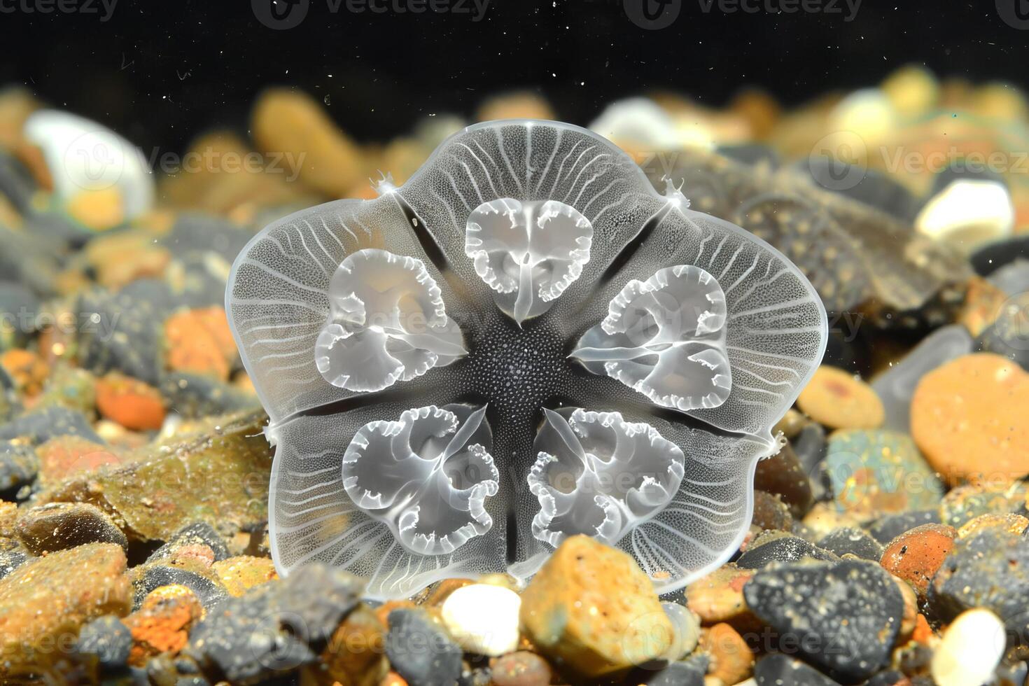 Detailed close-up of a jellyfish. Microscopic view of aquatic life. Concept of marine biology, educational content, scientific exploration photo