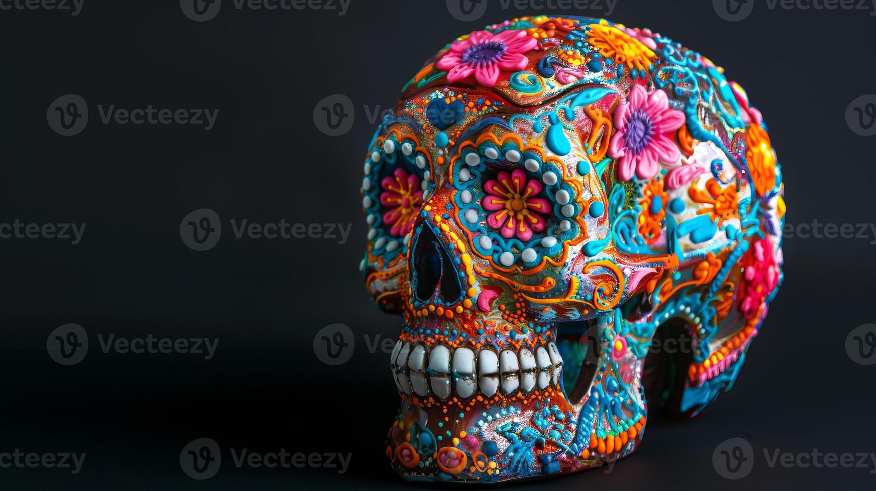 Colorful sugar skull with intricate floral patterns. Vibrant calavera with flower designs. Concept of Day of the Dead, Mexican culture, traditional crafts, Halloween. Banner. Copy space photo
