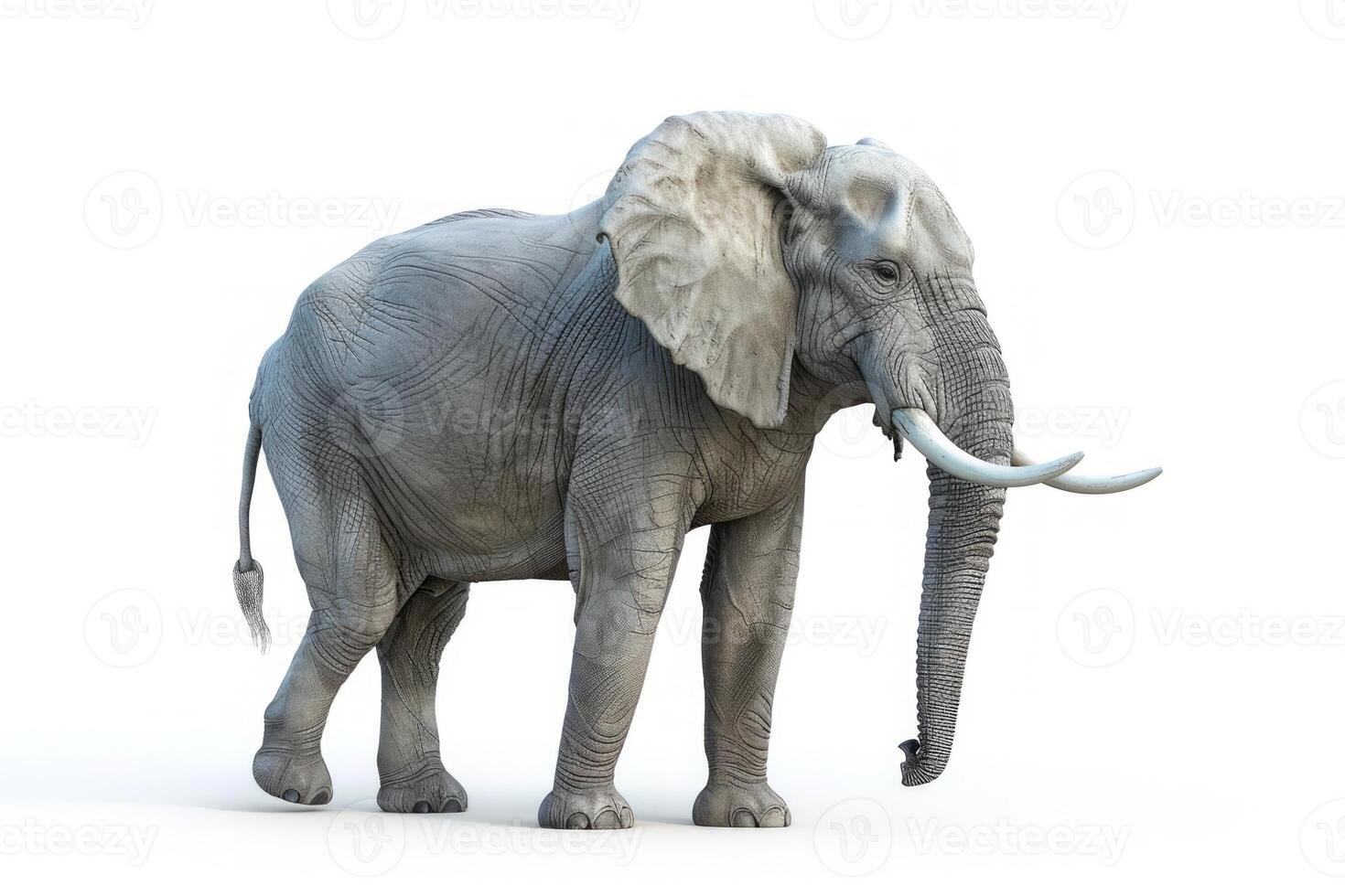 Elephant in realistic detail on a pure white backdrop. Lifelike portrayal of an elephant. Concept of animal study, wildlife, and natural depiction. photo