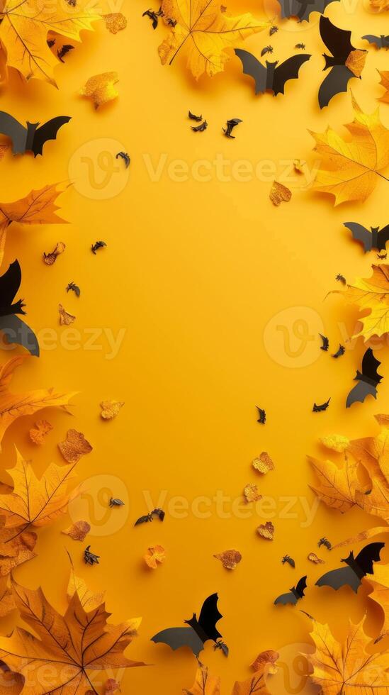Autumn leaves and paper bats on a yellow background. Fall foliage, Halloween decorations, seasonal concept, festive design.. Copy space. Vertical photo
