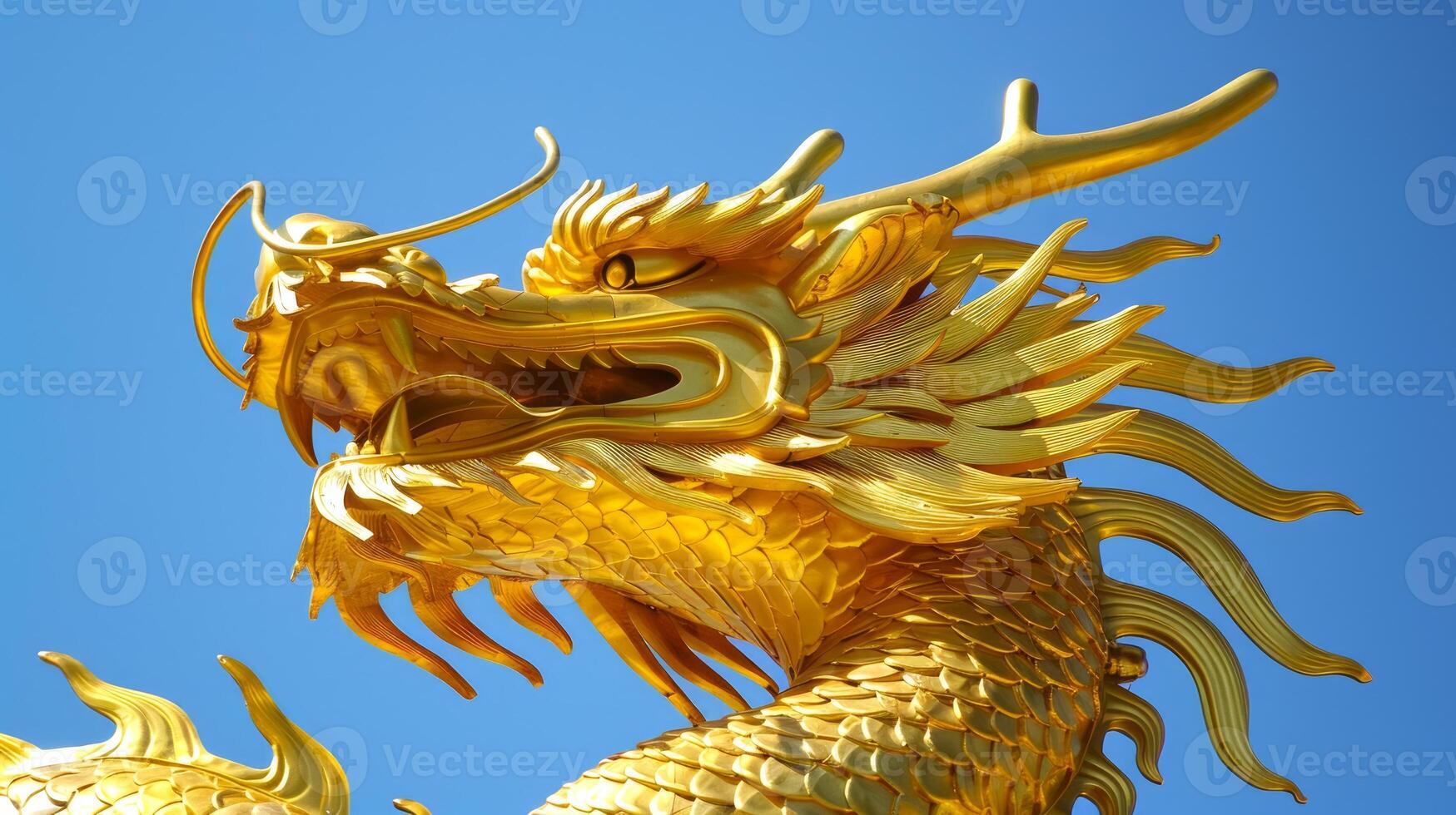 Golden dragon statue against a clear blue sky. Concept of mythology, cultural symbol, fantasy creature, majestic artwork photo