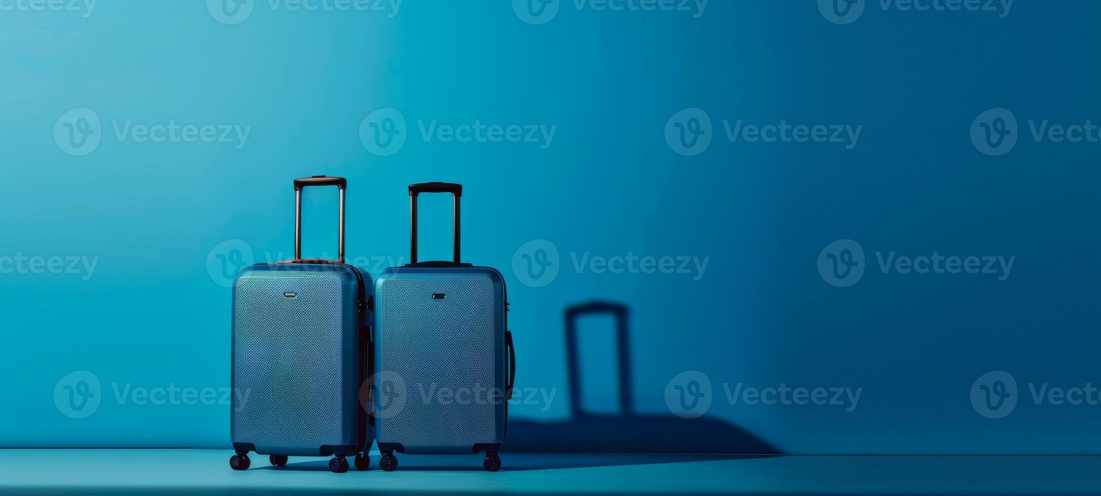 Two modern blue luggage sets on a blue background. Two suitcases ready for travel. Concept of travel, vacation, simple design, journey, minimalism. Wide Banner. Copy space photo