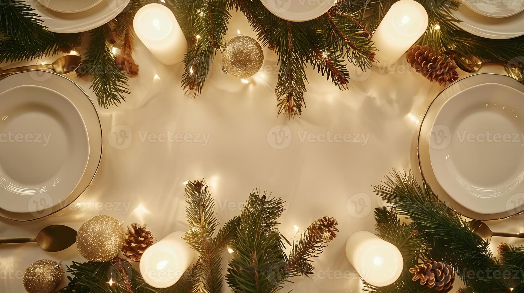 Festive holiday dinner table with white plates and lit candles. Christmas table setting with evergreen branches and ornaments. Concept of festive decor, celebration, winter holiday, cozy ambiance photo
