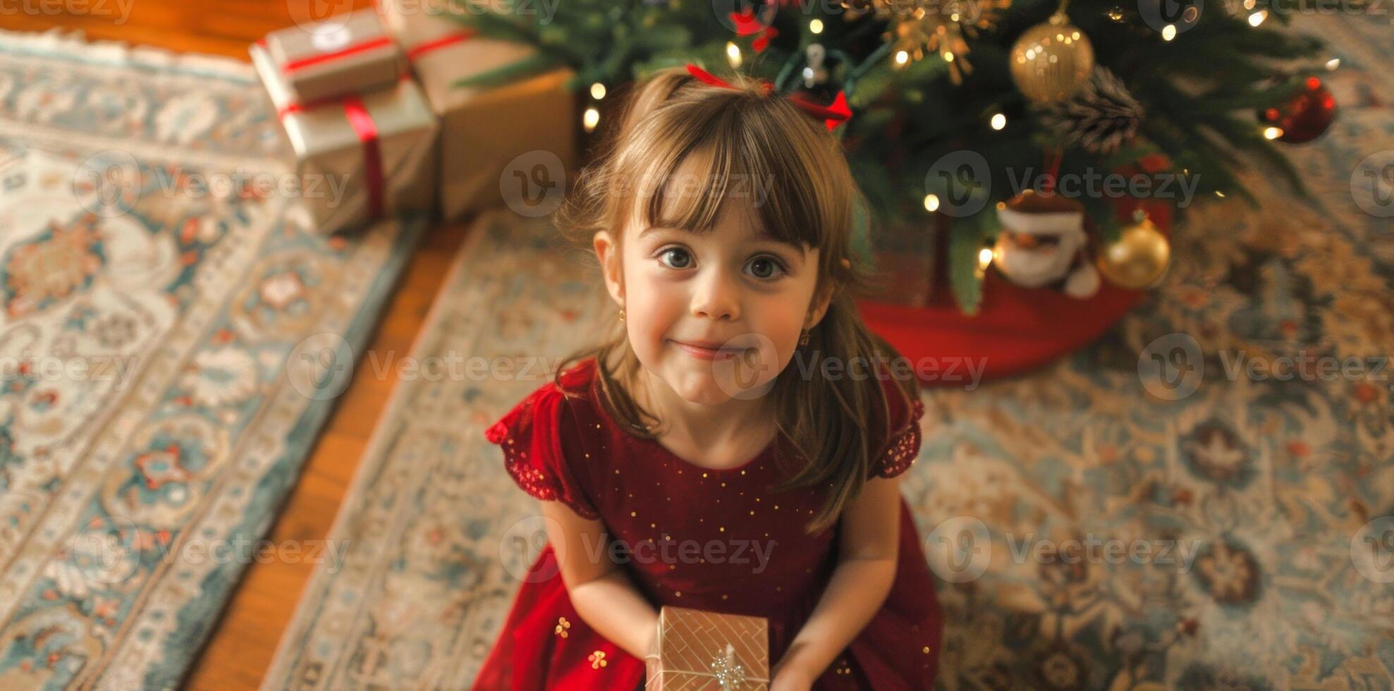 Blonde girl in a red dress holding a Christmas gift near a decorated Christmas tree. Concept of holiday season, gift-giving, festive cheer, joyful child photo