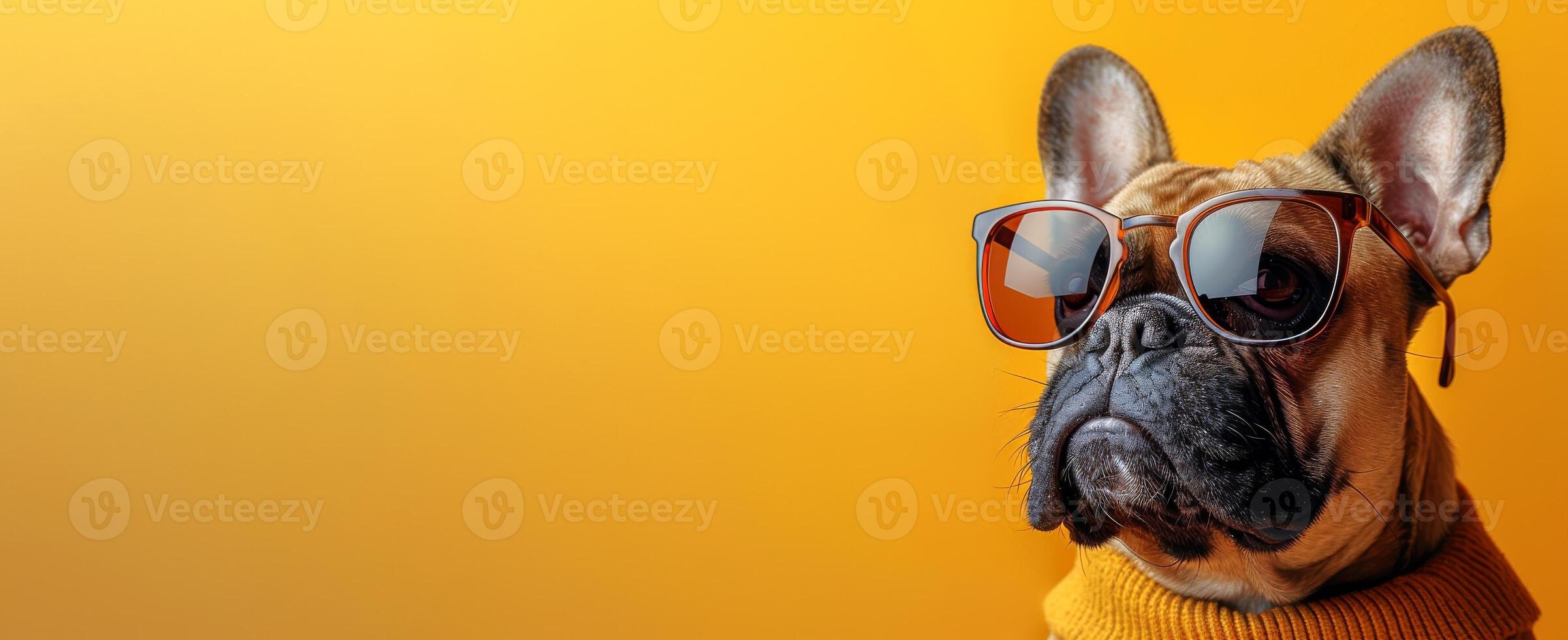 French Bulldog in stylish glasses against a yellow backdrop. dog with eyewear, showcasing intelligence. Concept of pet fashion, smart animals, canine fashion. Banner. Space for text photo