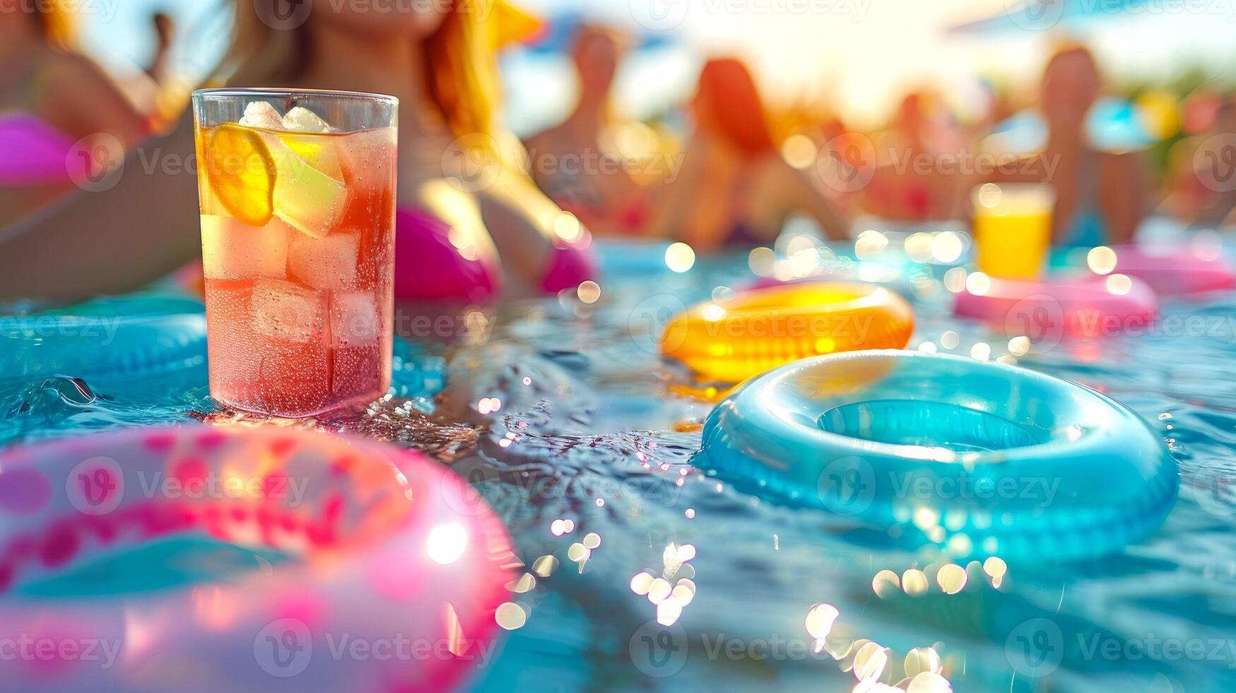 Clear glass of cocktail amidst a lively summer pool party with floating rings. Joyful and colorful summer leisure scene. Concept of festive gatherings, poolside relaxation, summer enjoyment. photo
