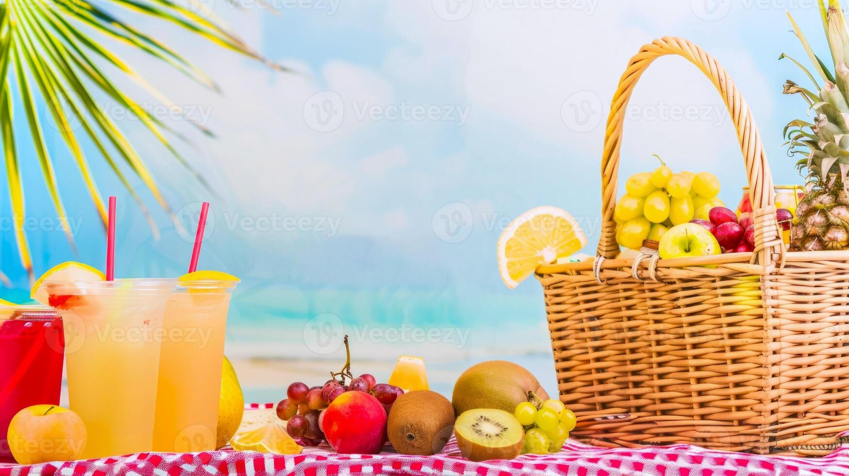 Beach picnic setup with a colorful drink and fresh fruits on a sandy shore. Idyllic day with tropical flavors. Concept of summer relaxation, beach dining, and vibrant lifestyle. Copy space photo