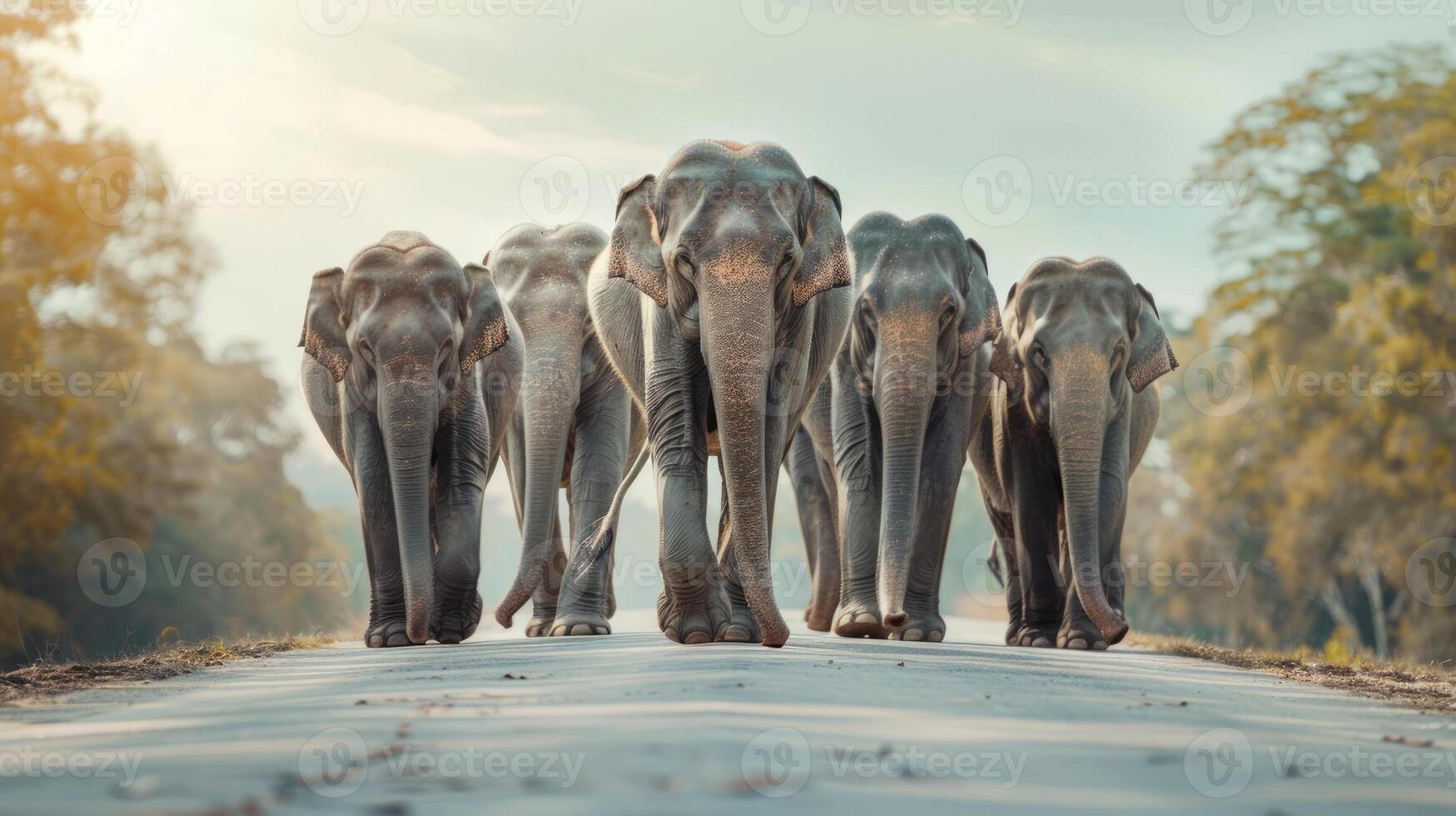 A line of Asian elephants traversing a dusty trail in the early morning light. Focused on the leaders in detail. Concept of animal leadership, herd dynamics, and morning tranquility. photo