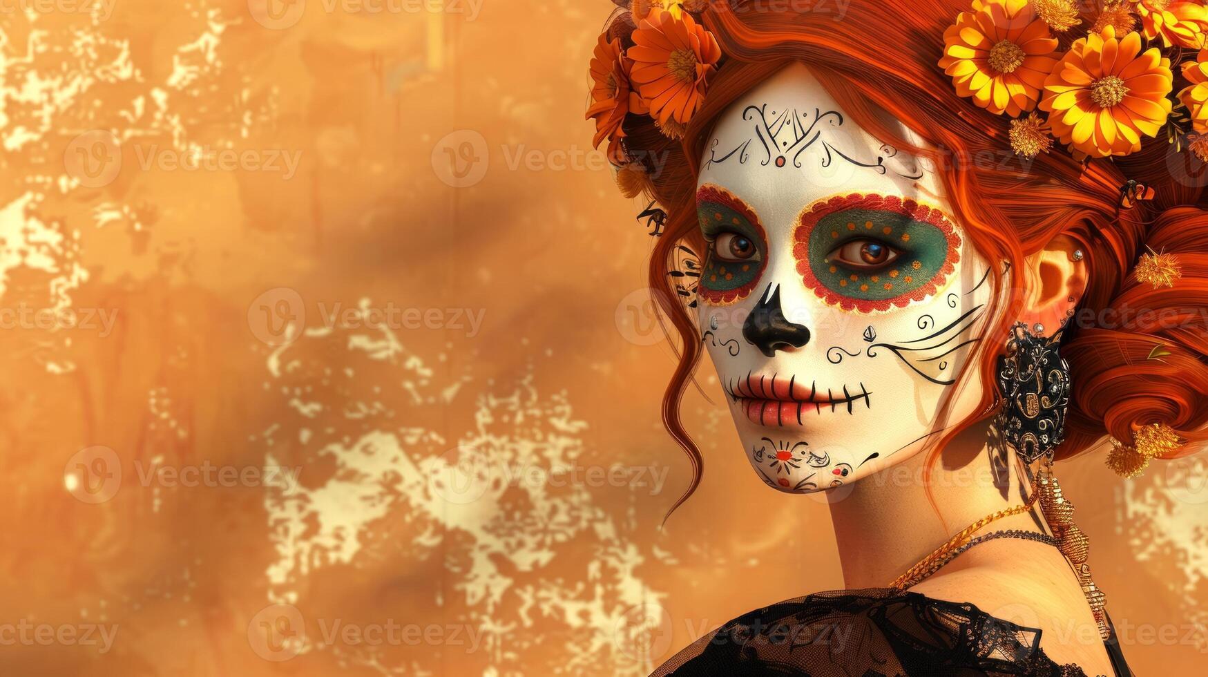 Woman decorated with Day of the Dead makeup. Lady with sugar skull face paint and floral accessories. Concept of Mexican culture, traditional celebration, Halloween. Banner. Copy space photo