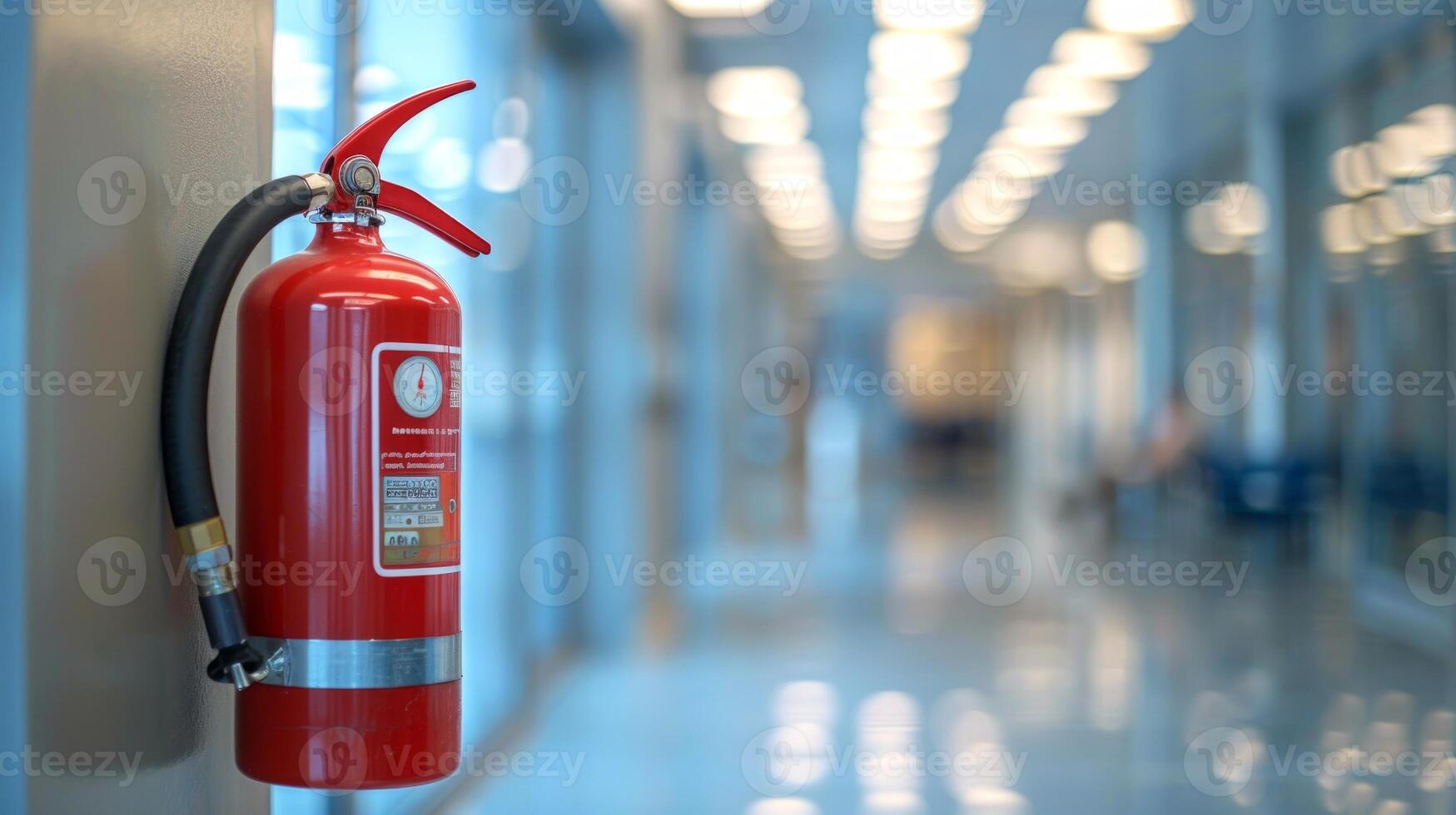 Bright red fire extinguisher hanging on a wall in a modern office hallway. Safety equipment. Concept of fire prevention, emergency readiness, workplace safety, protection. Copy space photo