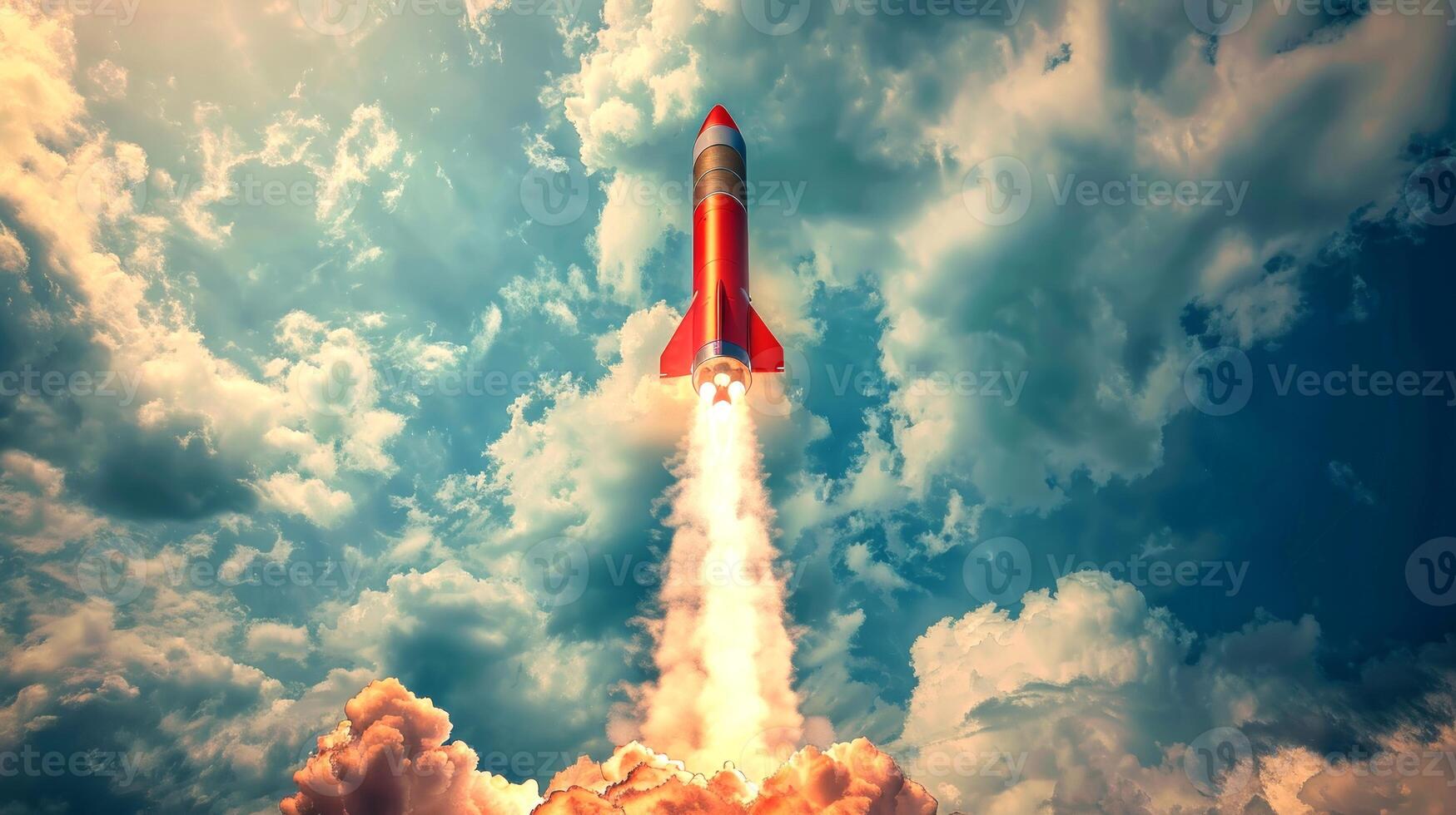 Red Rocket Launching into Sky with Clouds in Background. Symbol of Innovation, Exploration, and Adventure photo