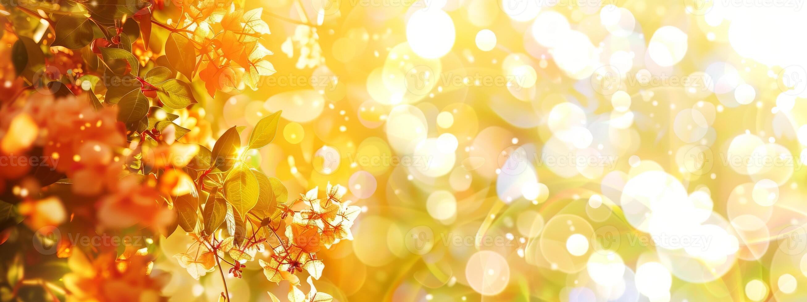 Golden sunlight illuminates vibrant orange flowers with a bokeh effect. Glowing flowers basking in warm light. Concept of golden hour, nature's brilliance, joyful bloom. Banner. Space for text. Mockup photo