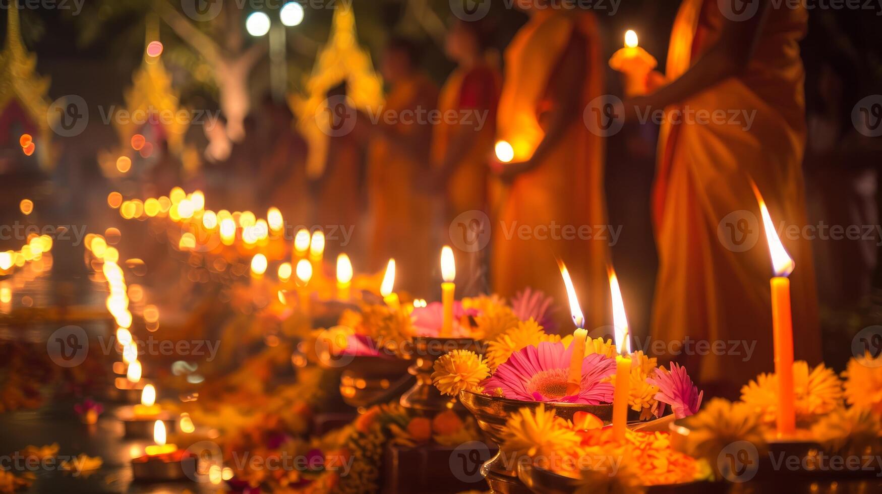 Buddhist monks in orange robes during candlelight vigil. Rows of glowing candles and flowers in a temple. Concept of peace, meditation, religious ceremony, and Buddhist tradition photo